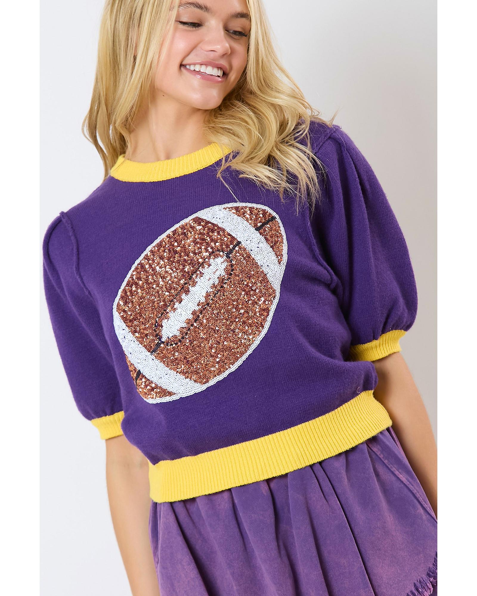 Purple Sequin Rugby Color Block Puff Short Sleeve Sweater - L 3