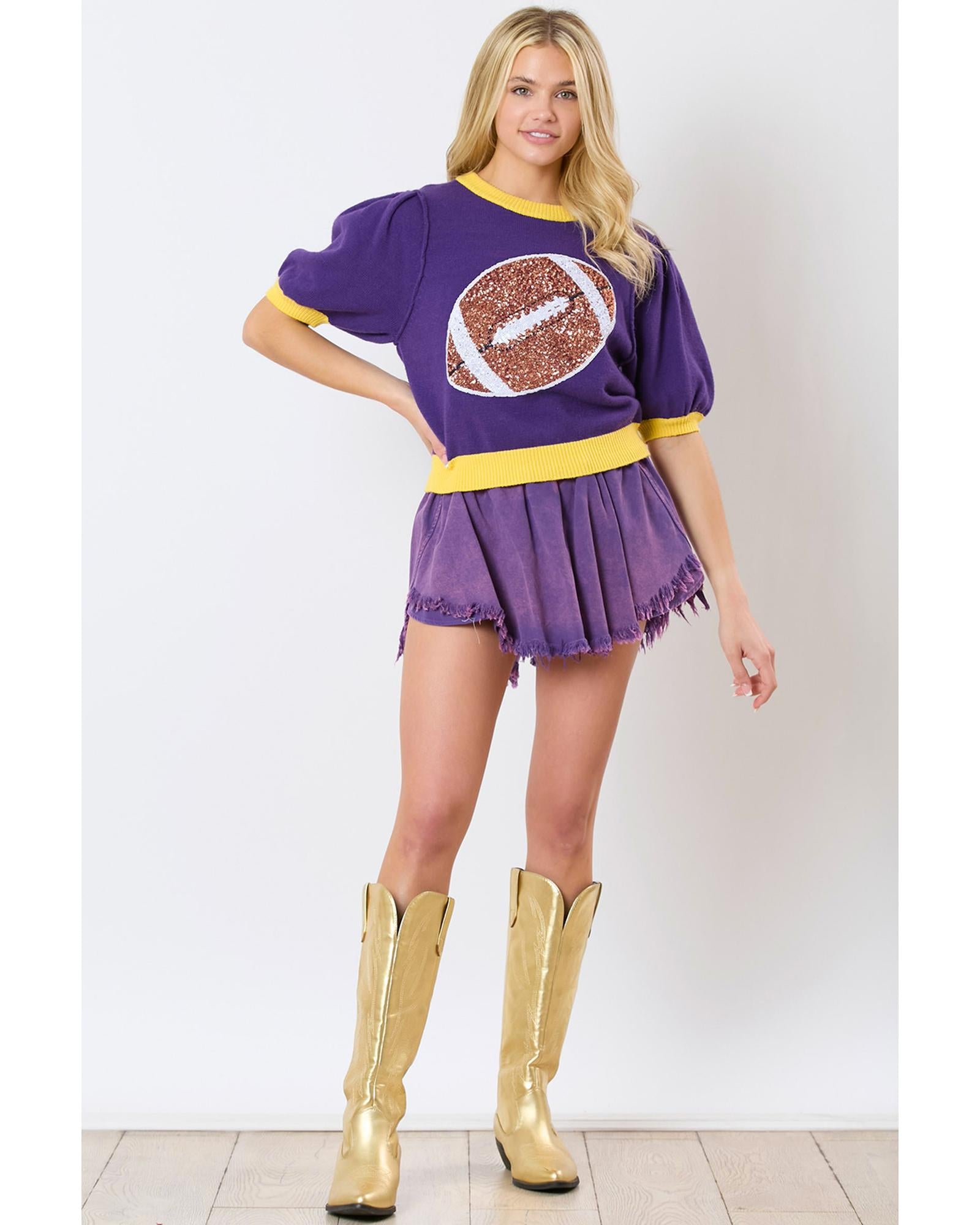 Purple Sequin Rugby Color Block Puff Short Sleeve Sweater - L 4