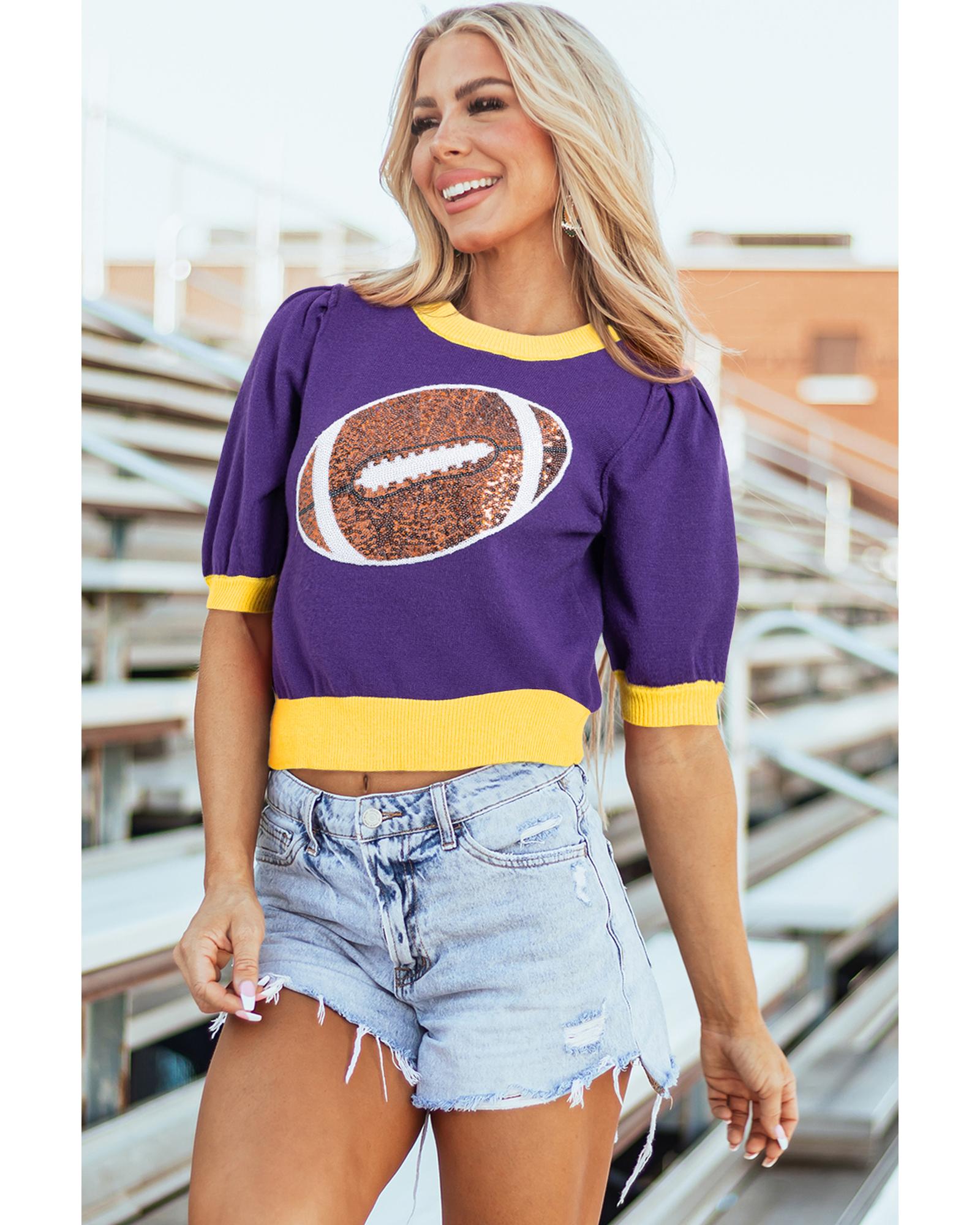 Purple Sequin Rugby Color Block Puff Short Sleeve Sweater - L 7