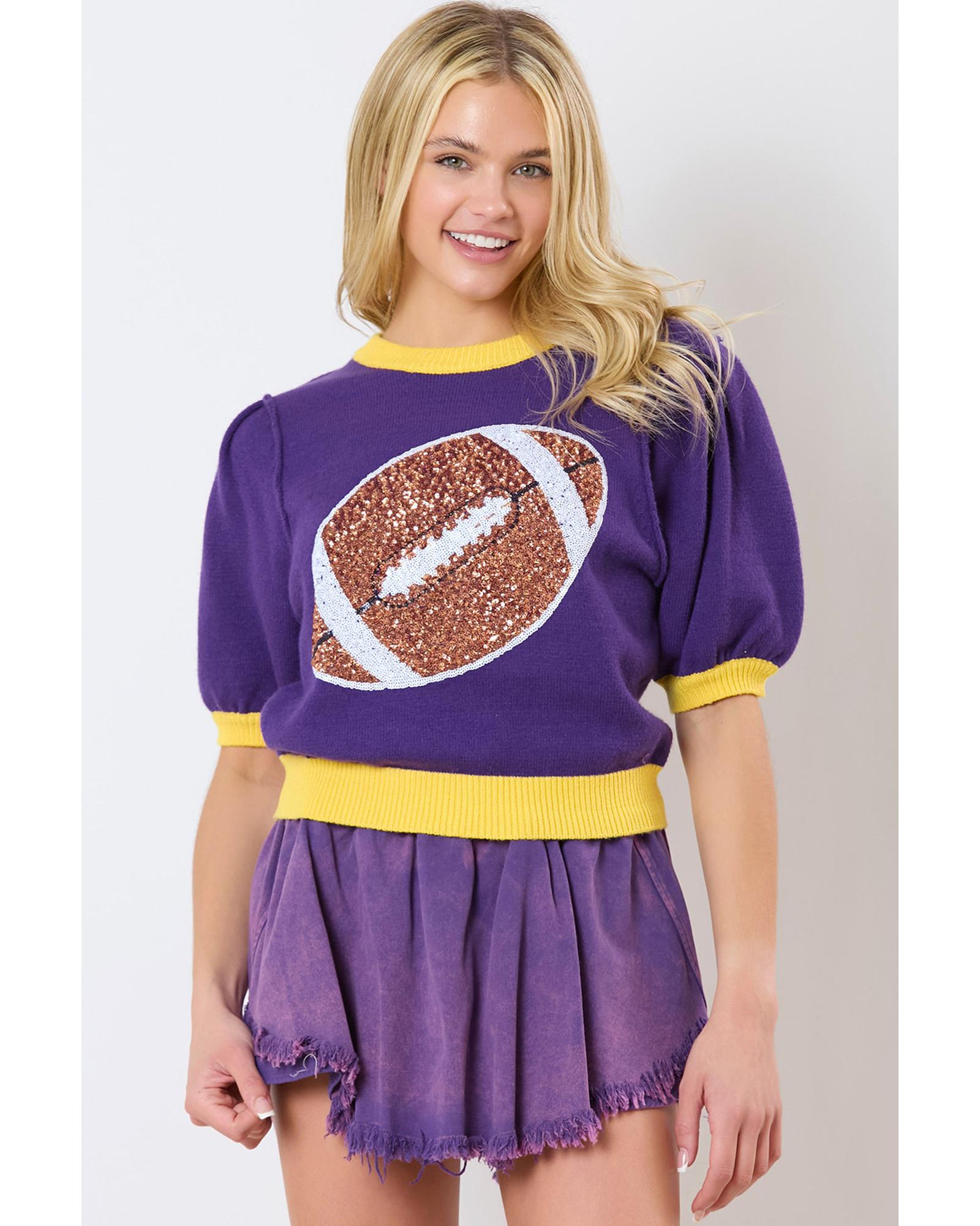 Purple Sequin Rugby Color Block Puff Short Sleeve Sweater - XL 4