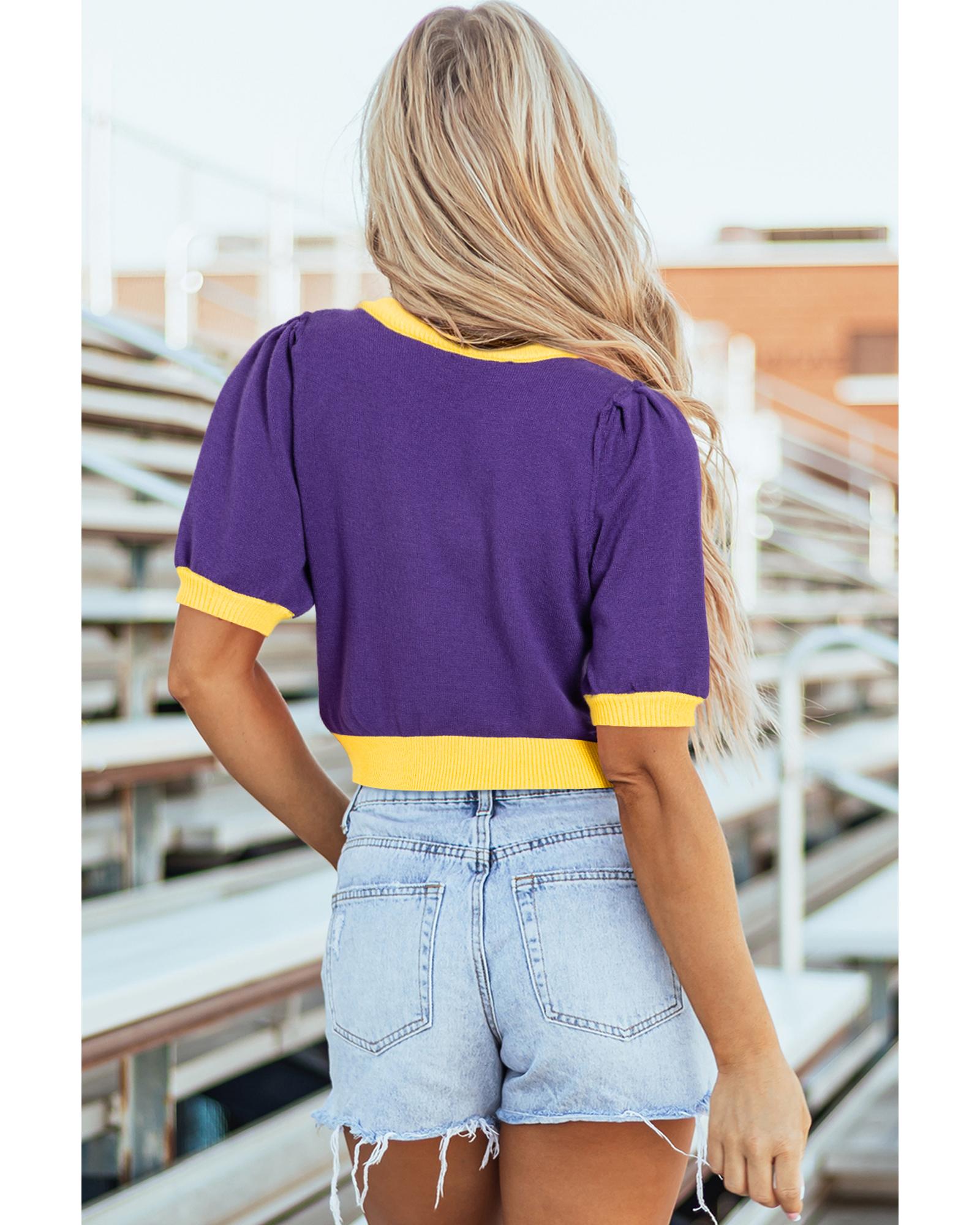 Purple Sequin Rugby Color Block Puff Short Sleeve Sweater - XL 5