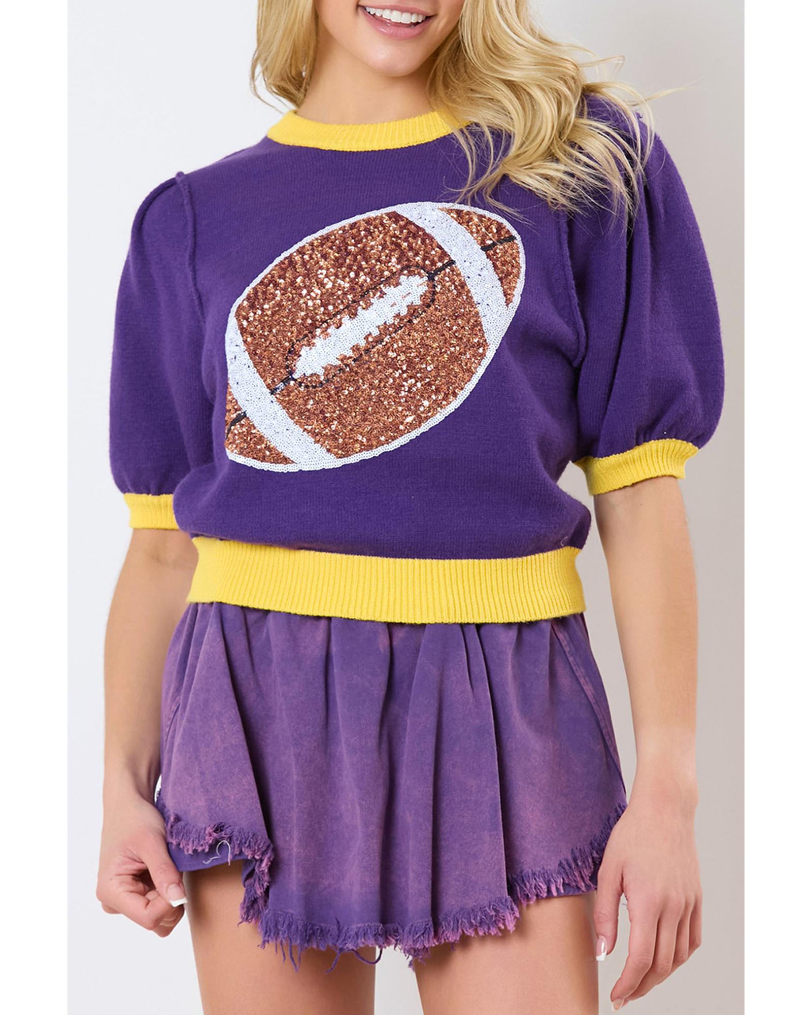 Purple Sequin Rugby Color Block Puff Short Sleeve Sweater - XL 7
