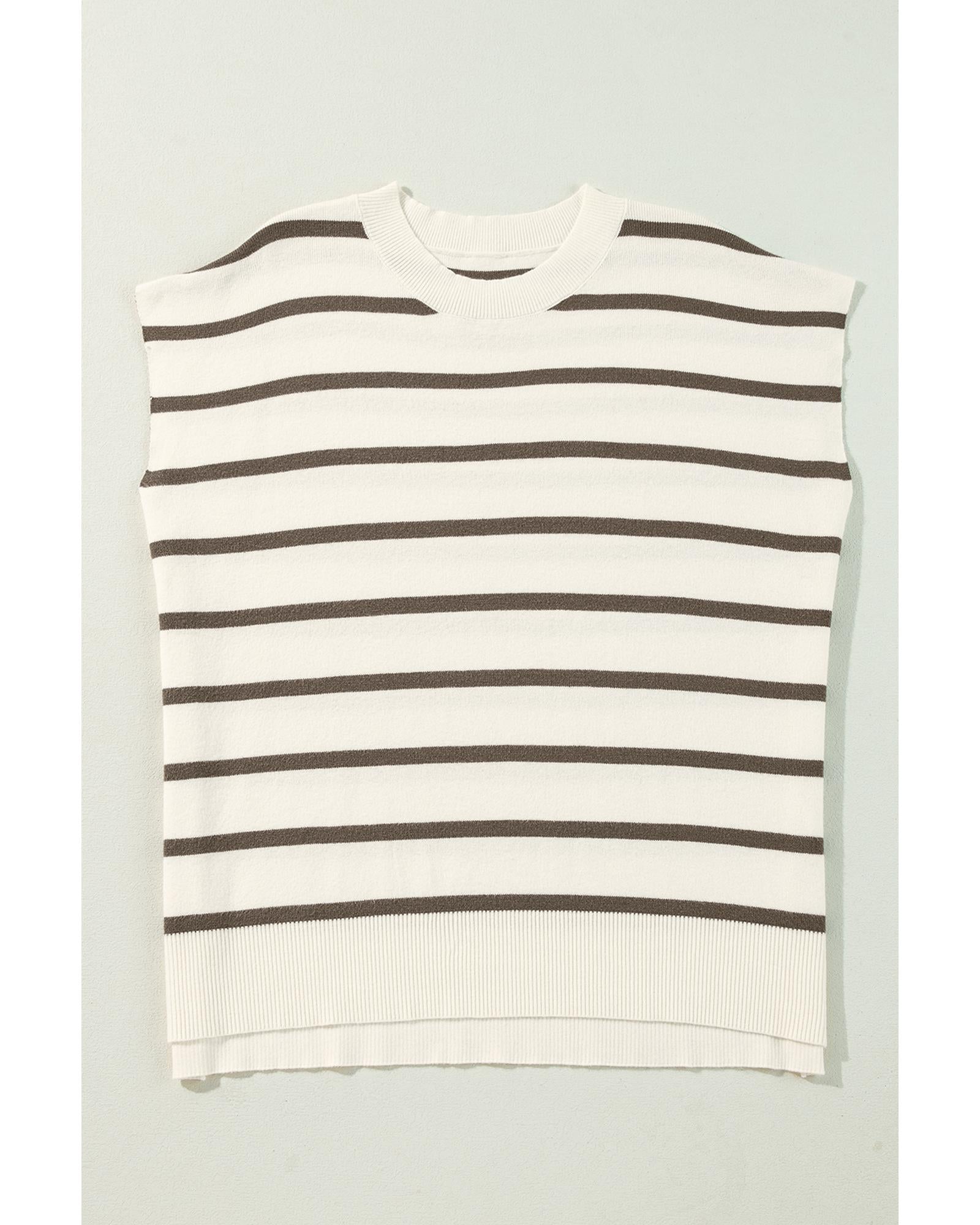Azura Exchange Brown Stripe Side Slits Crewneck Short Sleeve Sweater Tee - L