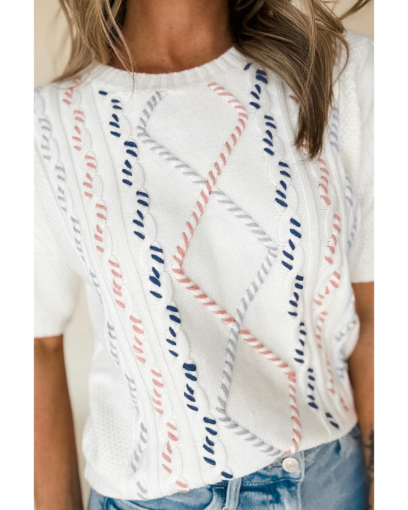 White Multicolor Stitch Detail Cable Knit Short Sleeve Sweater - L 3