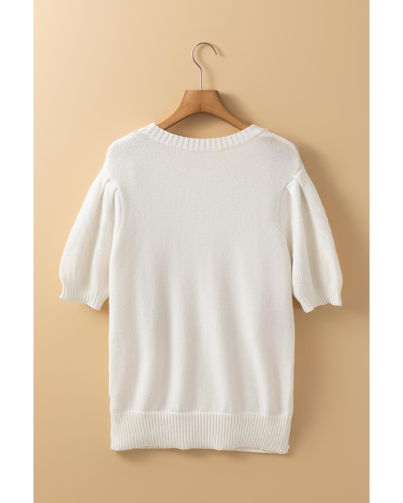 White Multicolor Stitch Detail Cable Knit Short Sleeve Sweater - M 7