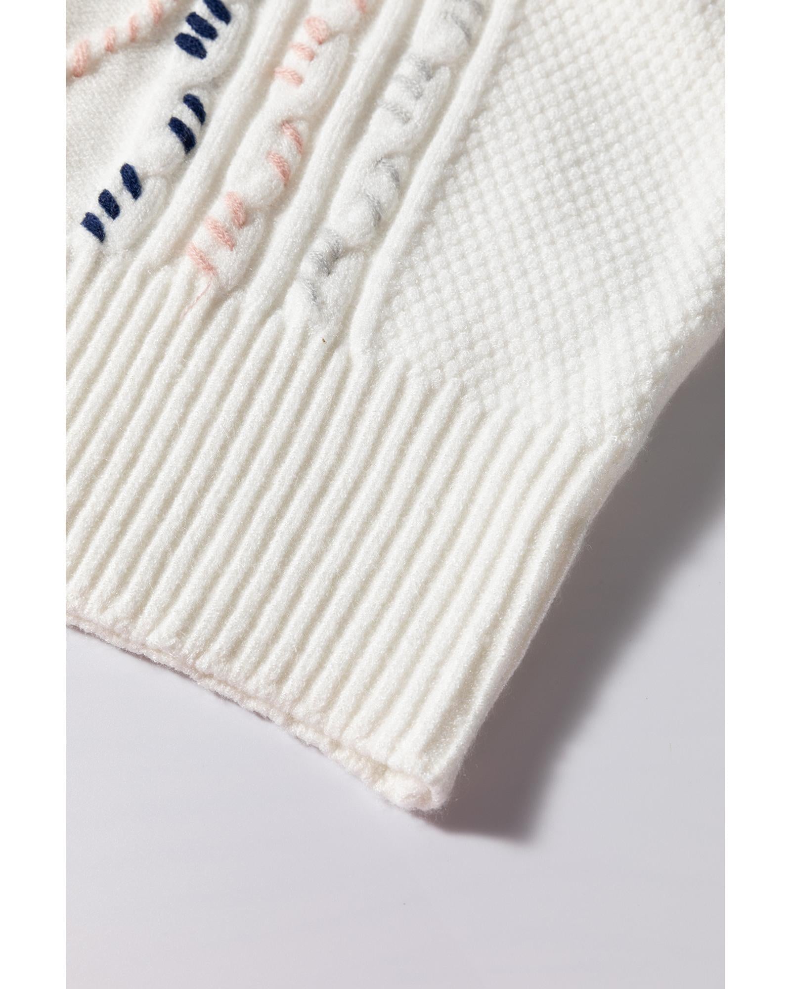 White Multicolor Stitch Detail Cable Knit Short Sleeve Sweater - M 8