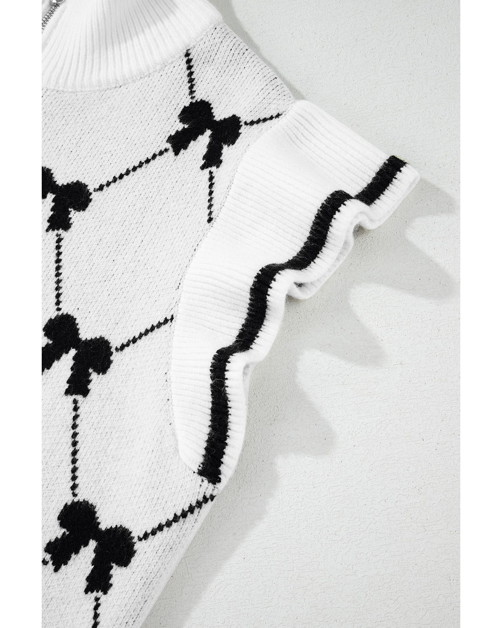Black Preppy Vibes Bow Print Zipped Collar Sweater Tee - M