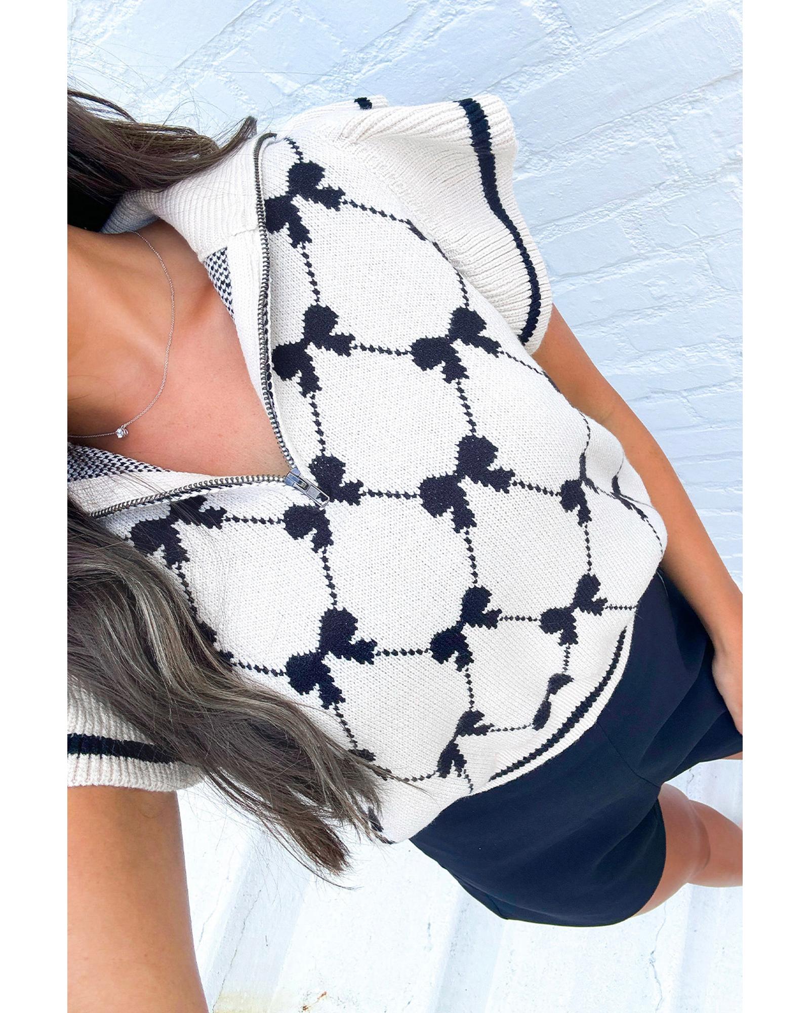 Black Preppy Vibes Bow Print Zipped Collar Sweater Tee - M 3