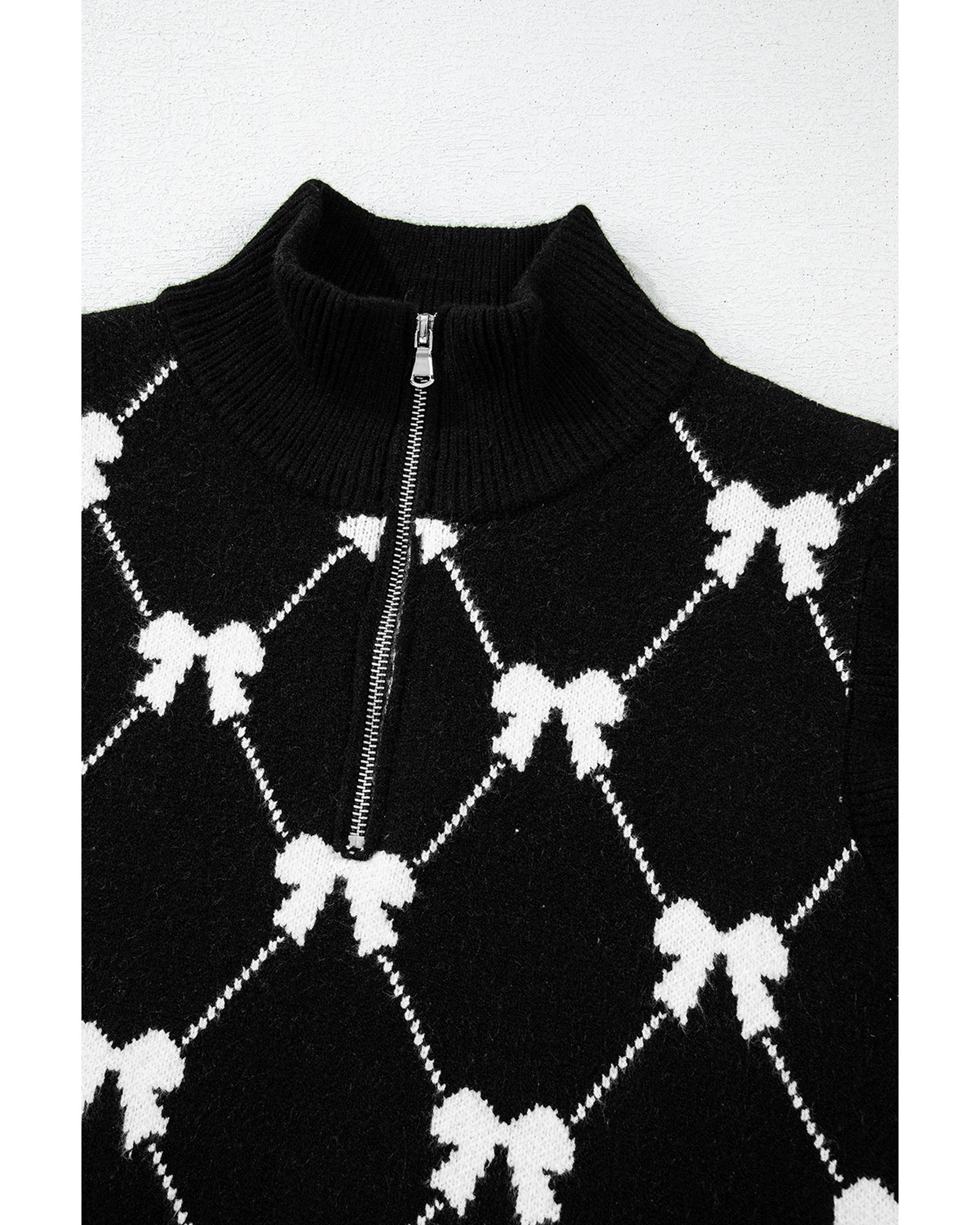 Black Preppy Vibes Bow Print Zipped Collar Sweater Tee - M 5