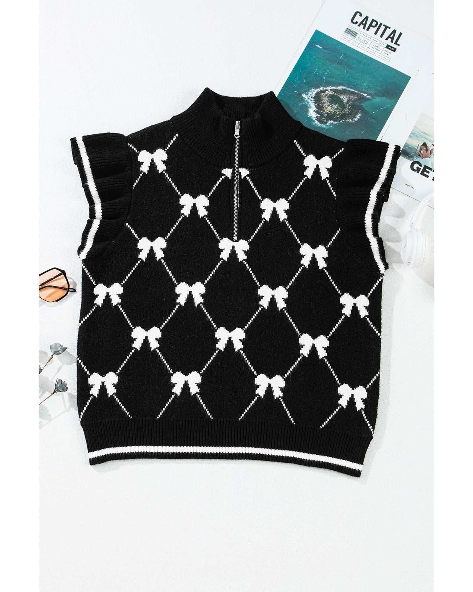 Black Preppy Vibes Bow Print Zipped Collar Sweater Tee - M 6