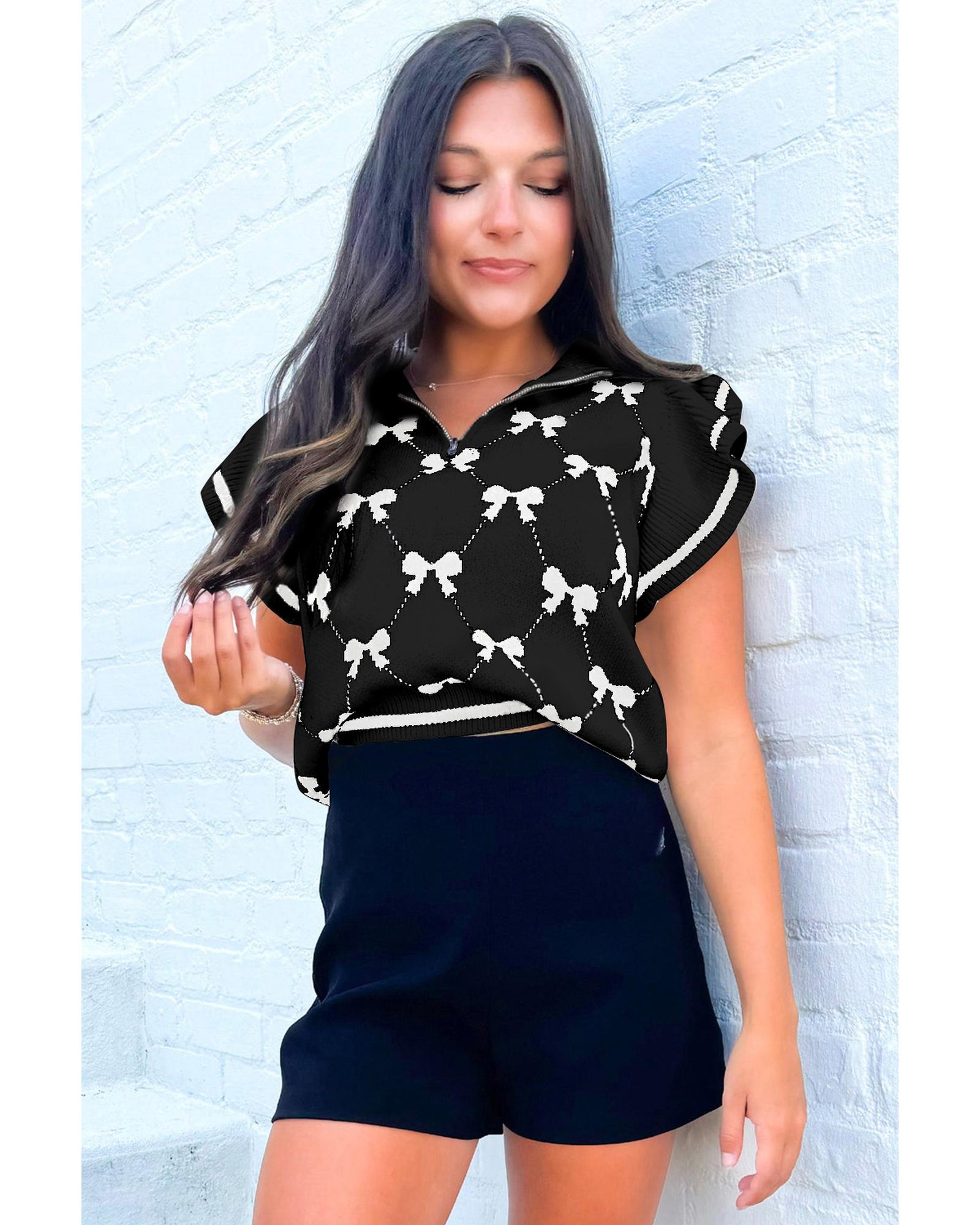 Black Preppy Vibes Bow Print Zipped Collar Sweater Tee - M 7