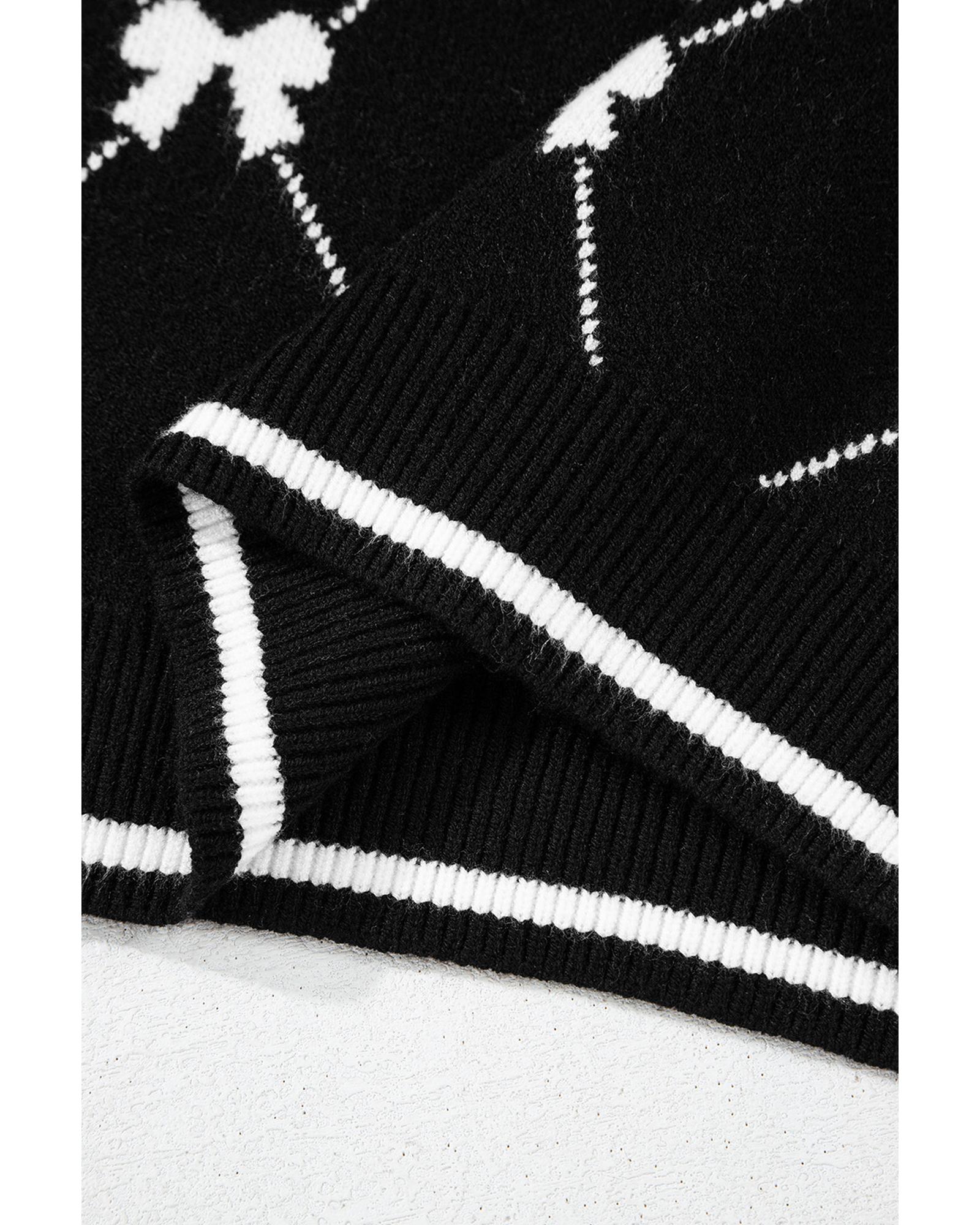 Black Preppy Vibes Bow Print Zipped Collar Sweater Tee - M 8