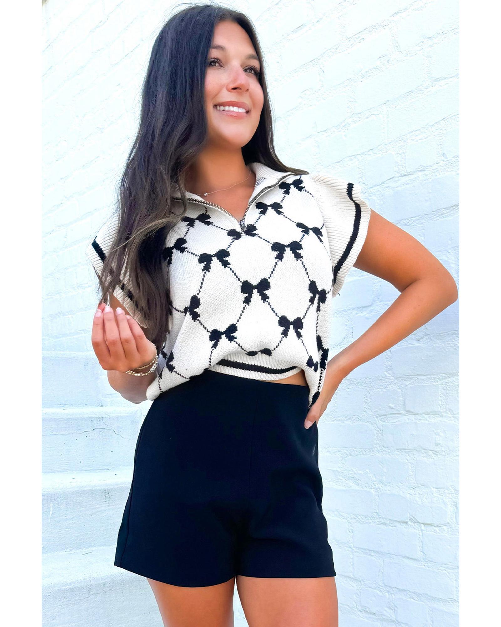 Black Preppy Vibes Bow Print Zipped Collar Sweater Tee - L 4