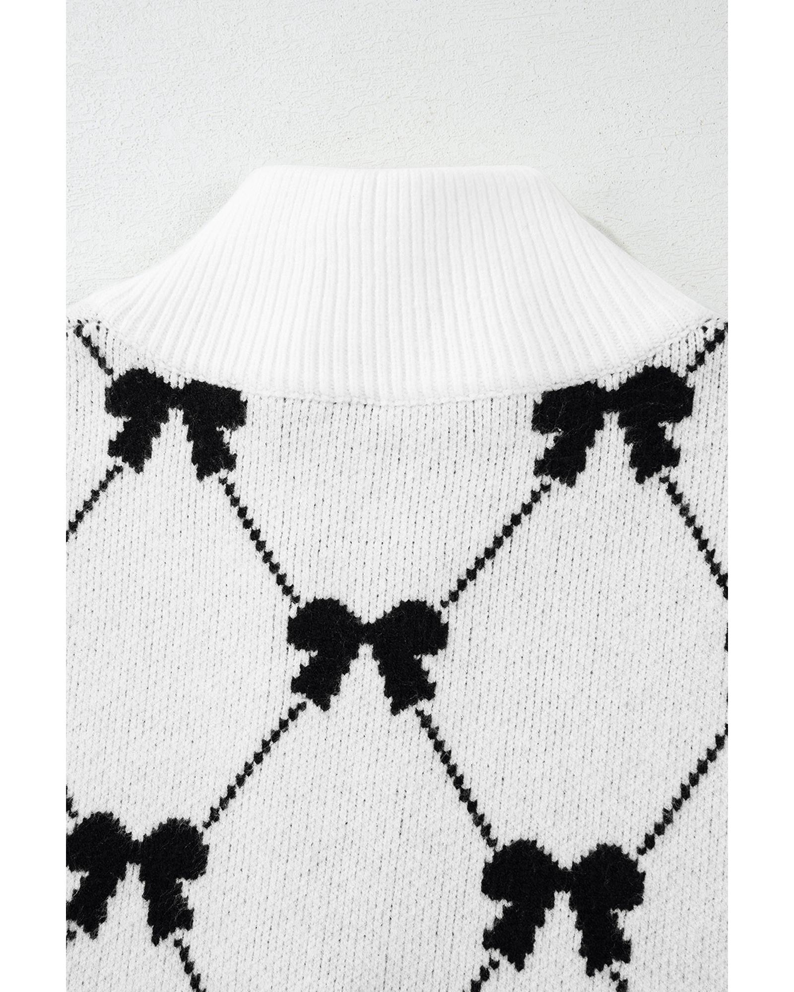 Black Preppy Vibes Bow Print Zipped Collar Sweater Tee - L 8