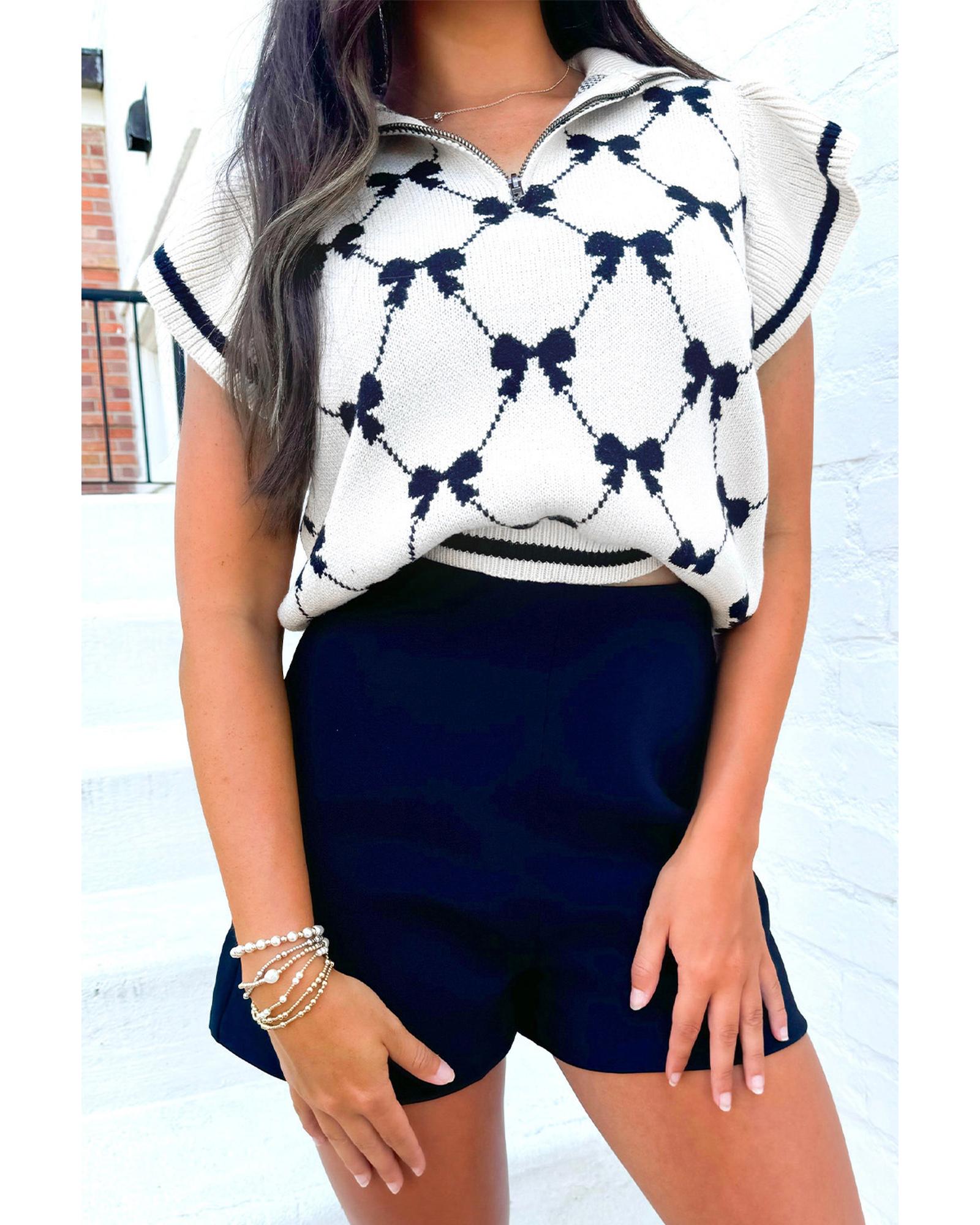 Black Preppy Vibes Bow Print Zipped Collar Sweater Tee - S 5