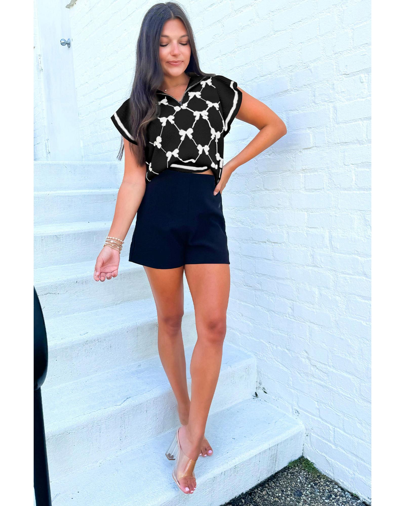 Black Preppy Vibes Bow Print Zipped Collar Sweater Tee - S 7