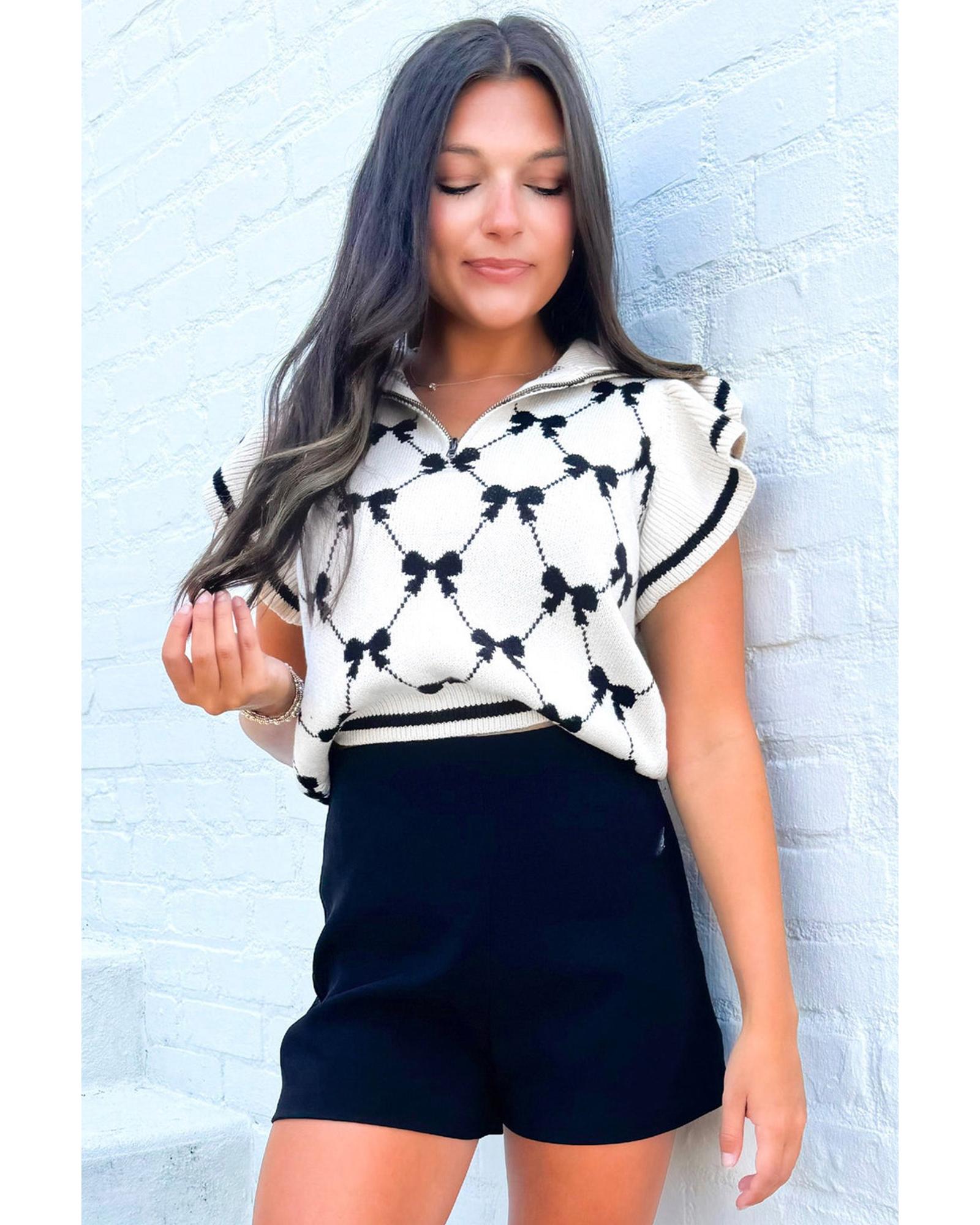 Black Preppy Vibes Bow Print Zipped Collar Sweater Tee - XL 6