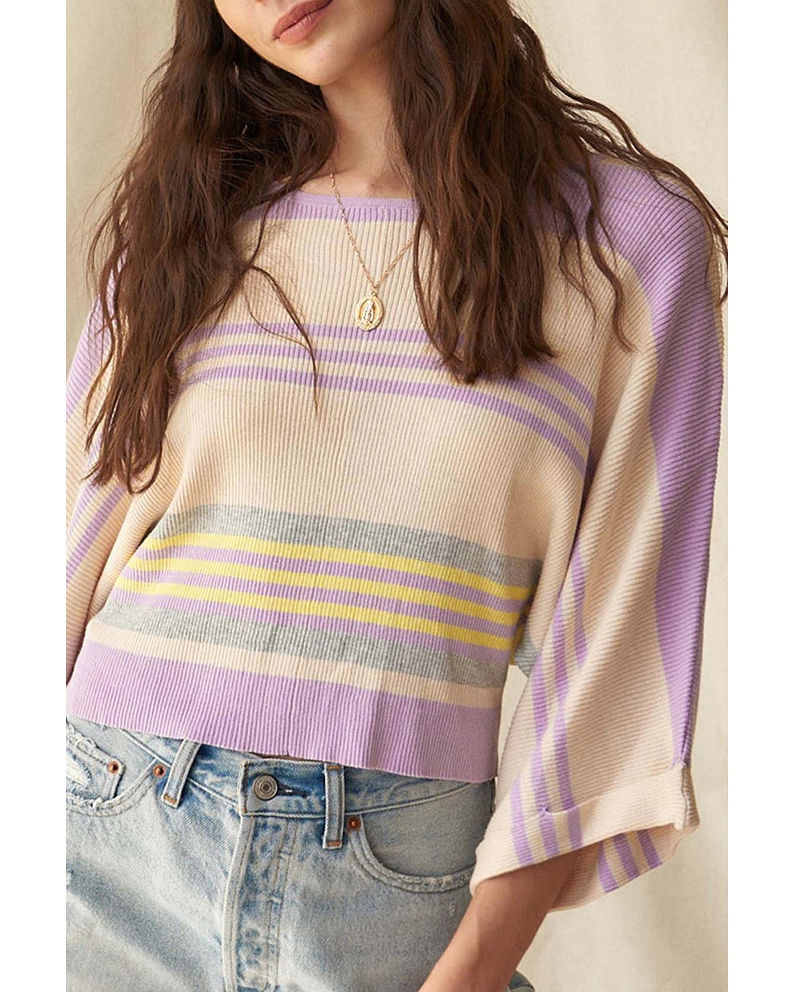 Purple Stripe Borderline Rib Knit Cuffed Dolman Sleeve Sweater - L 5