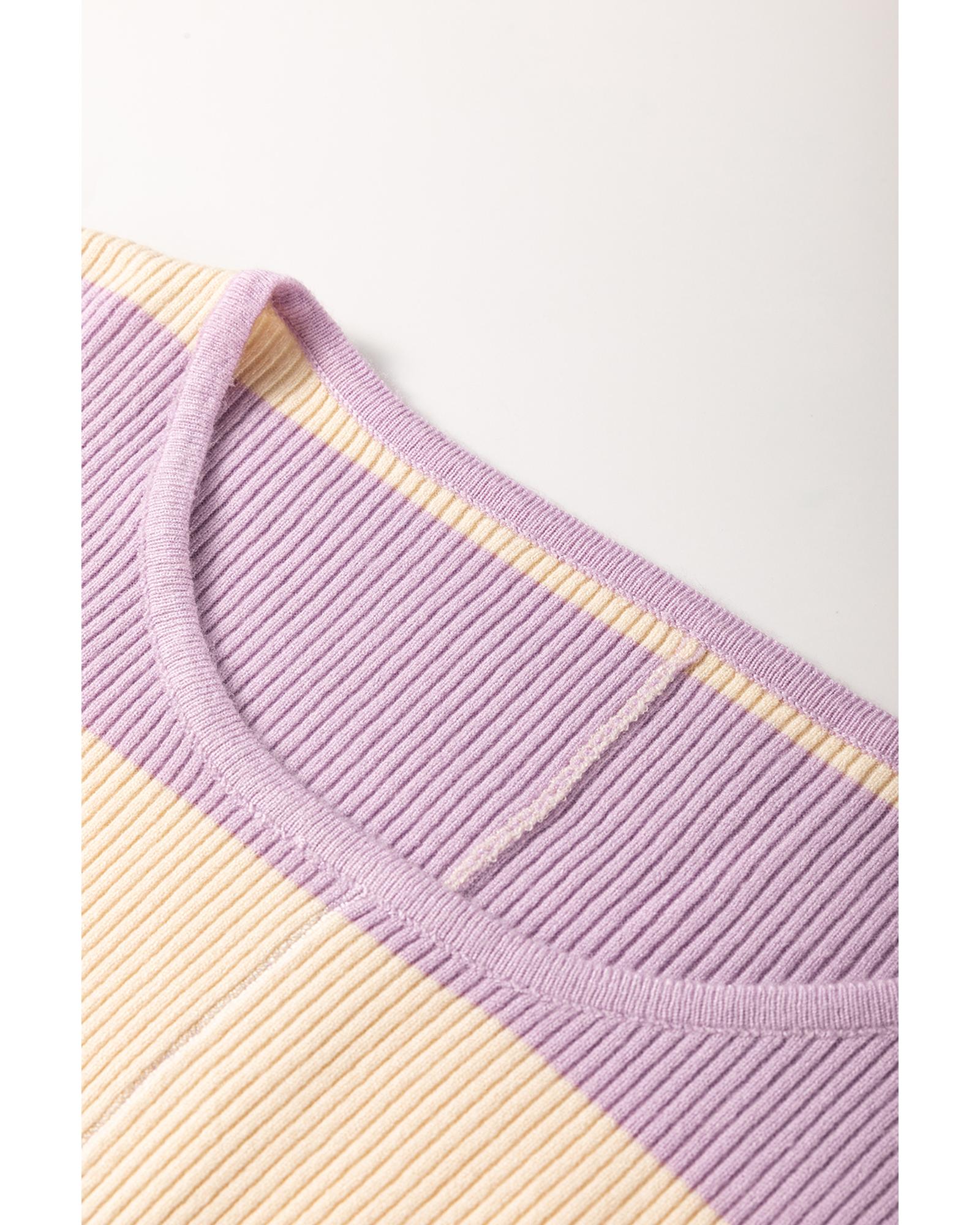 Purple Stripe Borderline Rib Knit Cuffed Dolman Sleeve Sweater - L 8