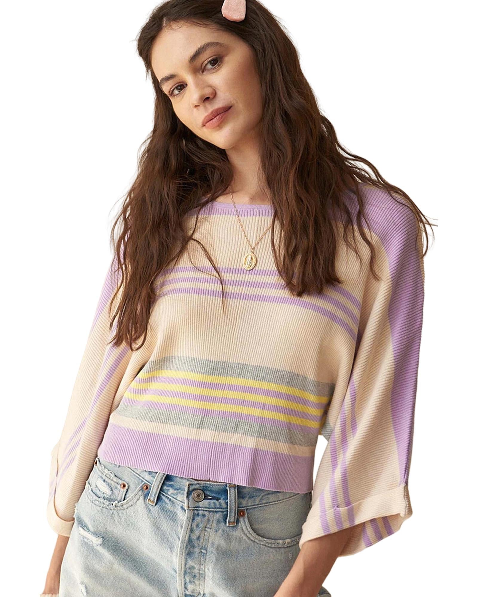 Purple Stripe Borderline Rib Knit Cuffed Dolman Sleeve Sweater - M 3