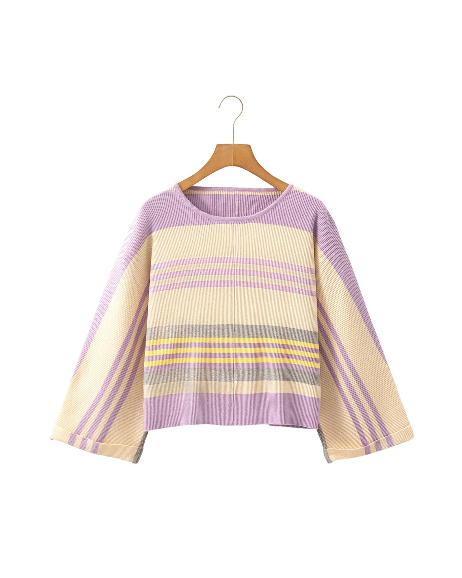 Purple Stripe Borderline Rib Knit Cuffed Dolman Sleeve Sweater - S 4