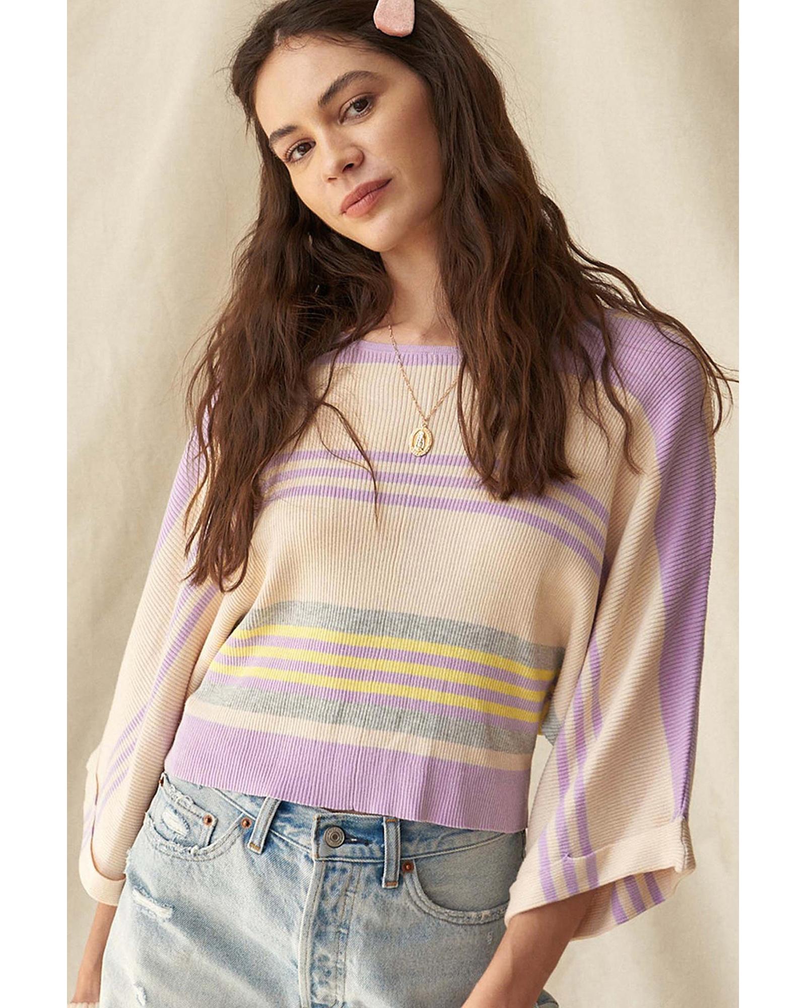 Purple Stripe Borderline Rib Knit Cuffed Dolman Sleeve Sweater - S 6