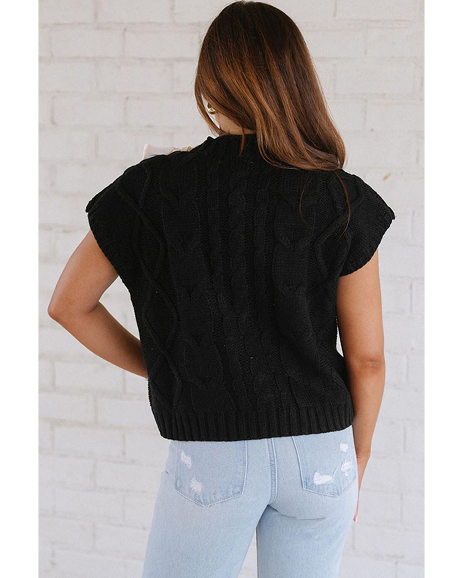 Black Cable Knit Colorblock Satin Bowknot Short Sleeve Sweater - L 6