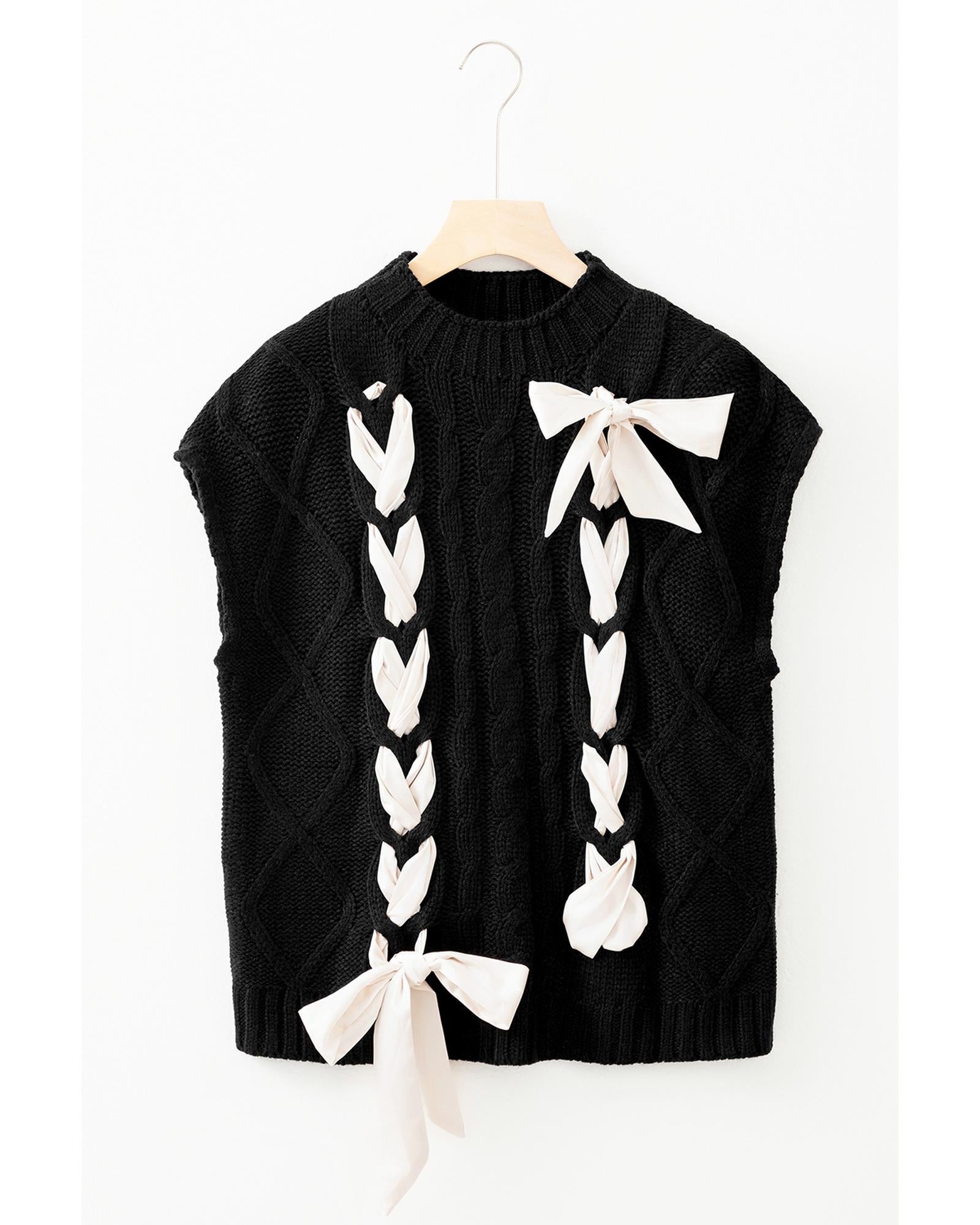 Black Cable Knit Colorblock Satin Bowknot Short Sleeve Sweater - L 7