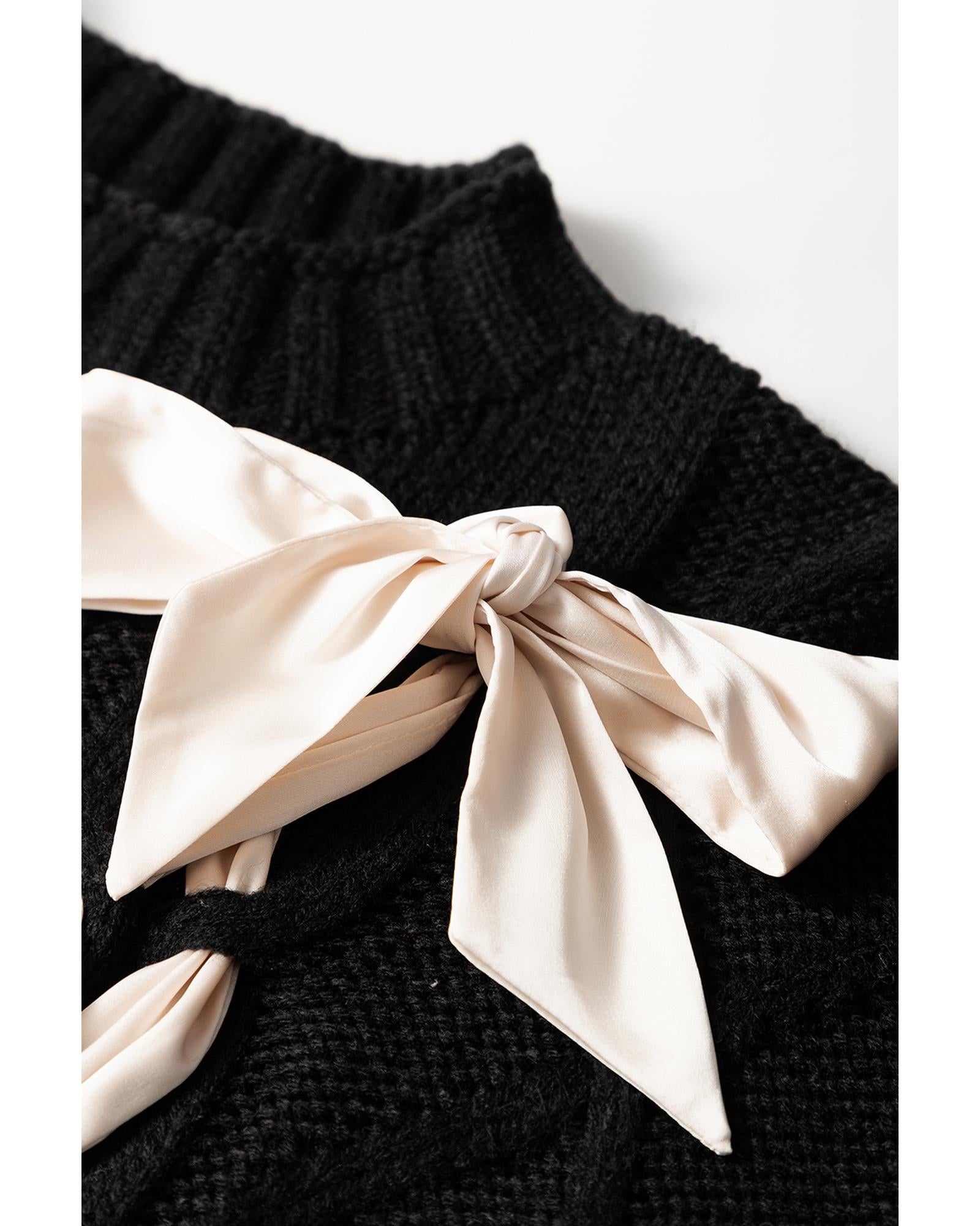Black Cable Knit Colorblock Satin Bowknot Short Sleeve Sweater - L 8