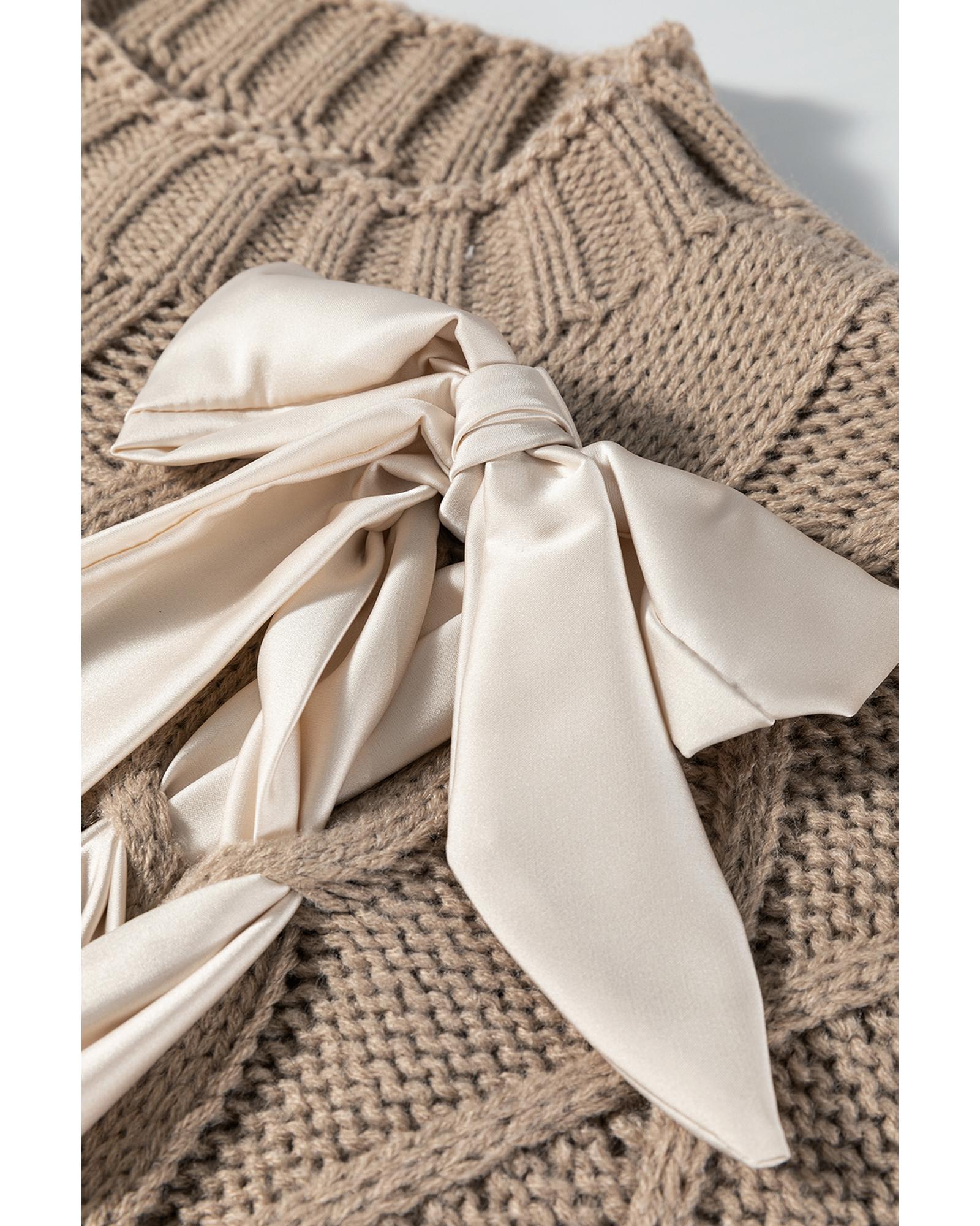 Simply Taupe Cable Knit Colorblock Satin Bowknot Short Sleeve Sweater - XL 4