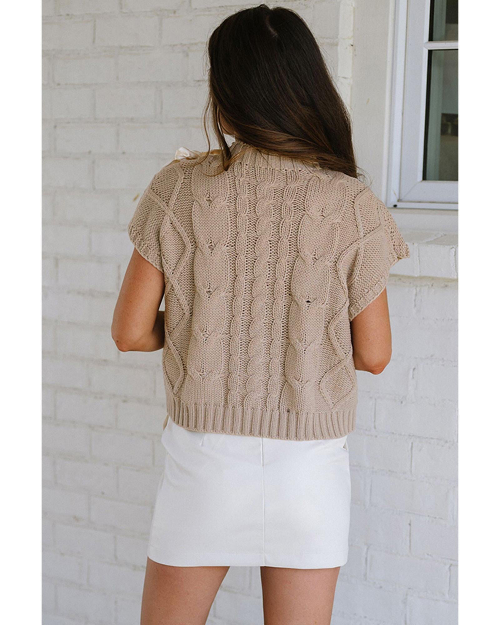 Simply Taupe Cable Knit Colorblock Satin Bowknot Short Sleeve Sweater - XL 5