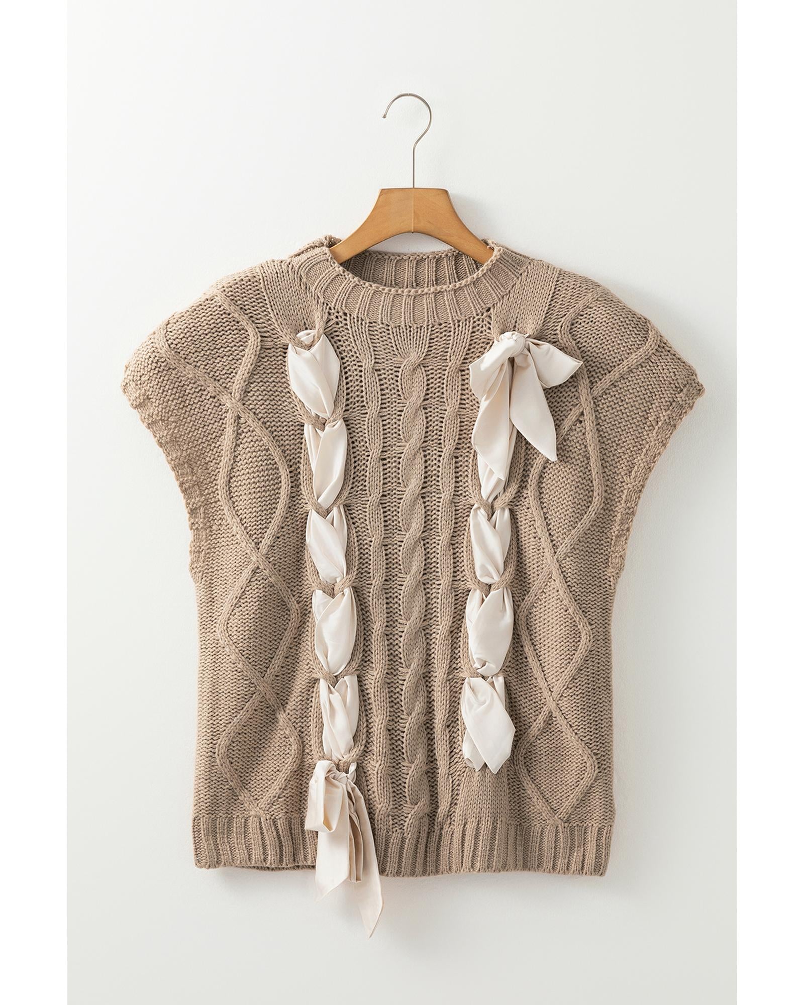 Simply Taupe Cable Knit Colorblock Satin Bowknot Short Sleeve Sweater - XL 6