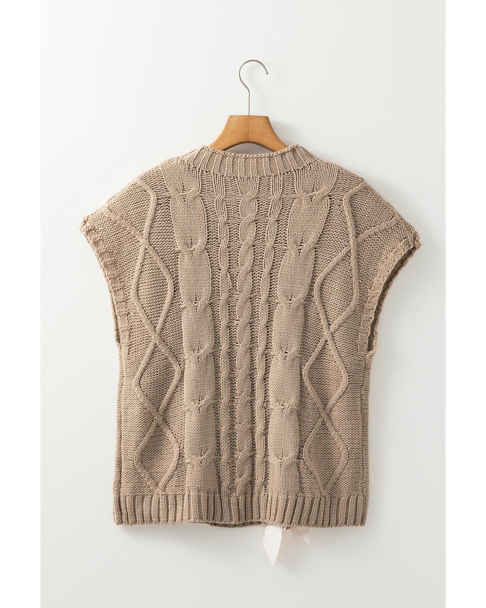 Simply Taupe Cable Knit Colorblock Satin Bowknot Short Sleeve Sweater - XL 7