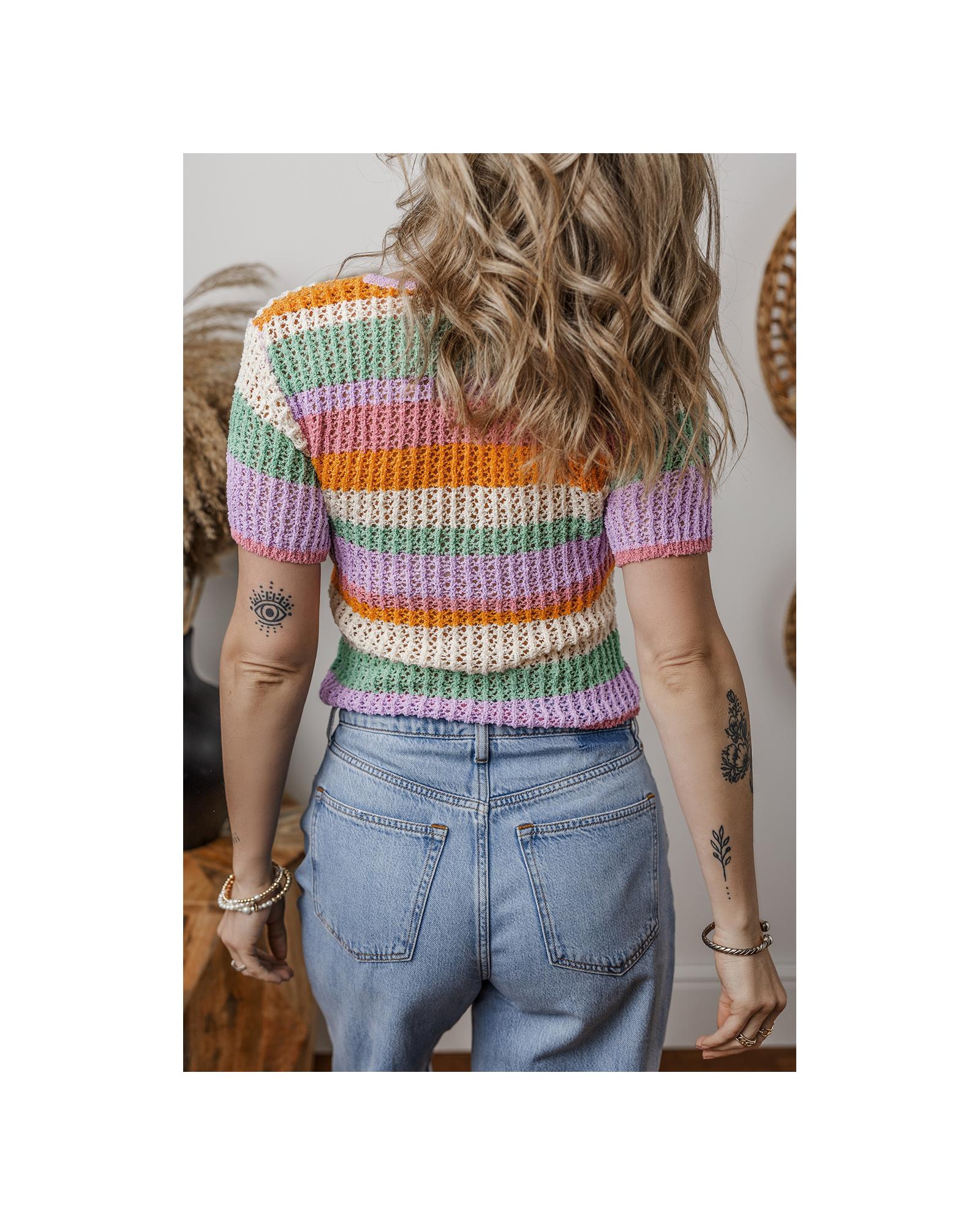 Orange Colorblock Striped Pointelle Knit V Neck Buttoned Crop Short Sleeve Sweater - XL