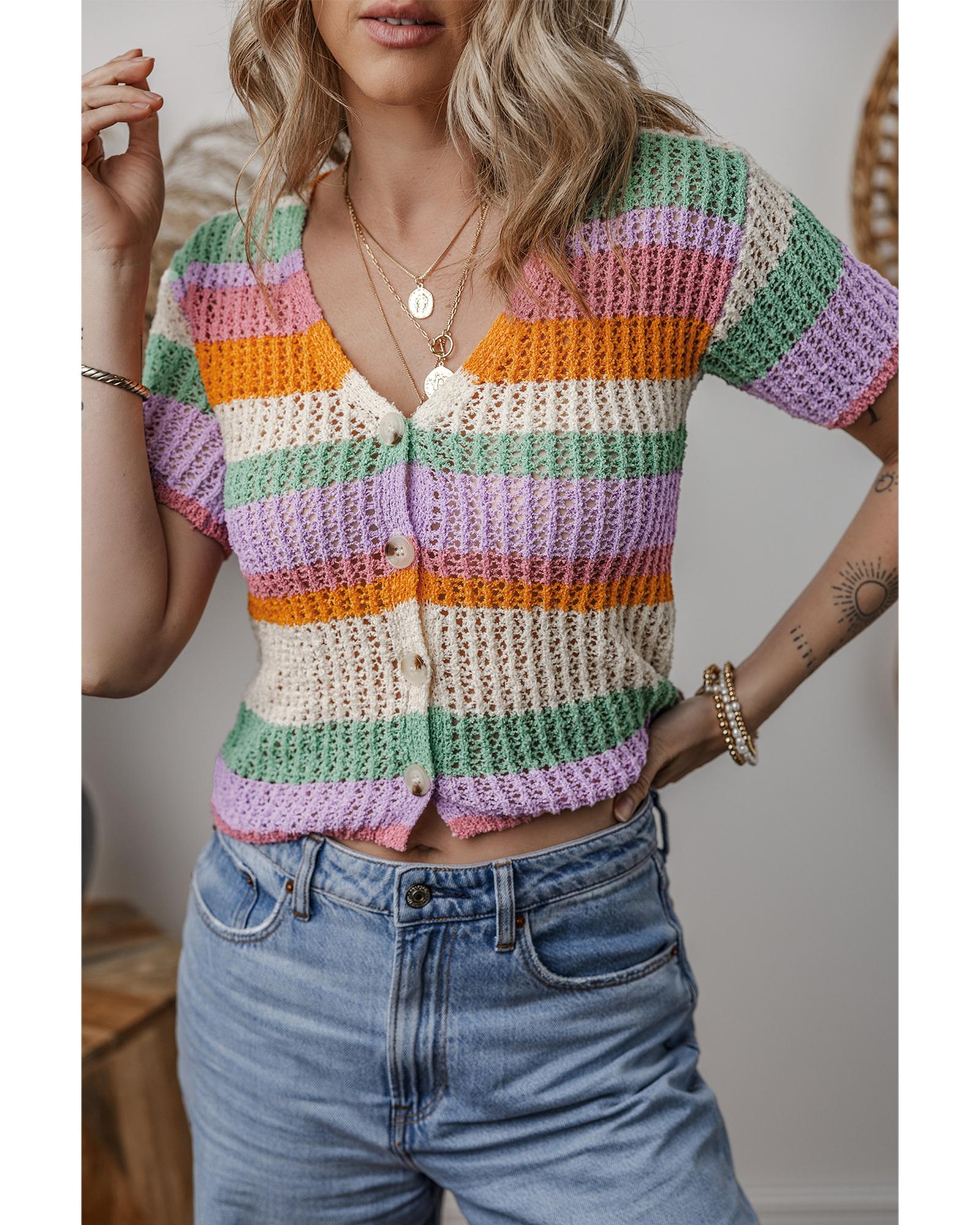 Orange Colorblock Striped Pointelle Knit V Neck Buttoned Crop Short Sleeve Sweater - XL 3