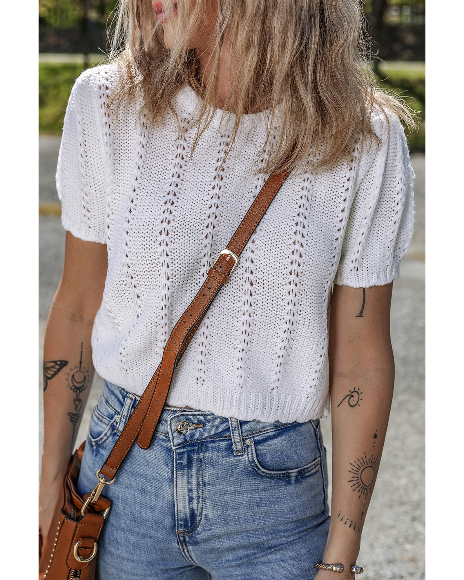 White Pointelle Knit Short Puff Sleeve Crewneck Sweater - L 5