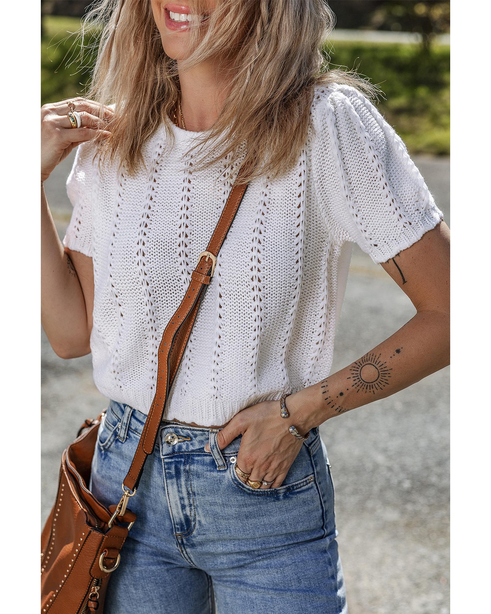 White Pointelle Knit Short Puff Sleeve Crewneck Sweater - L 7