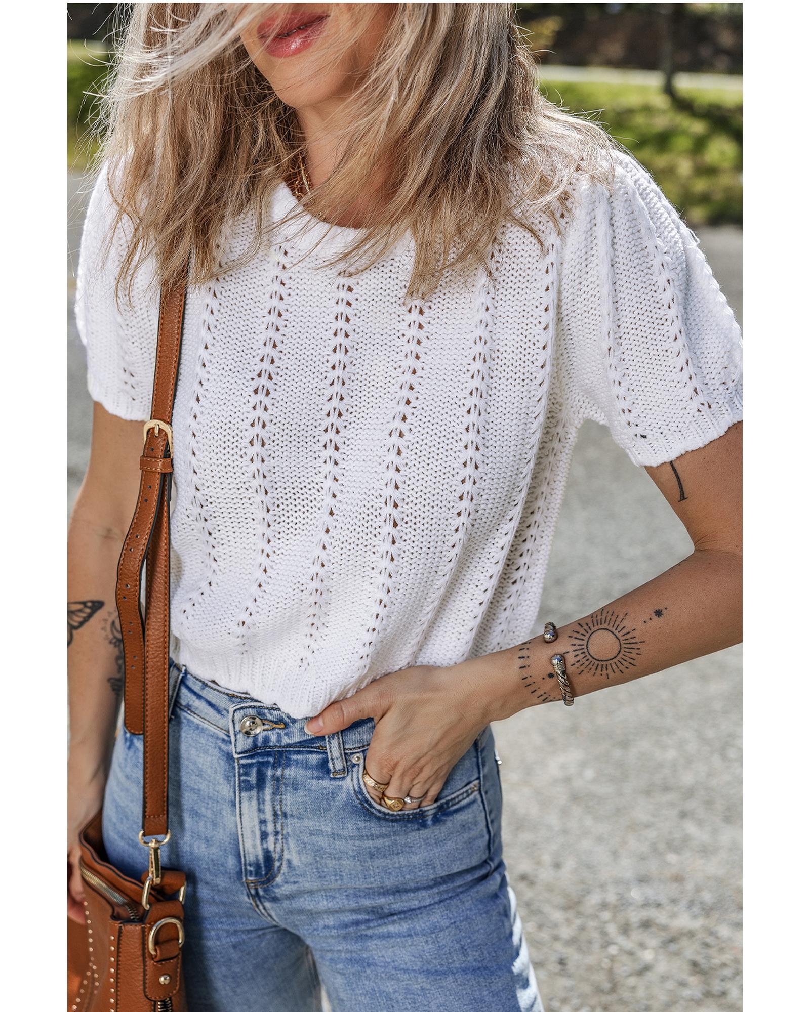 White Pointelle Knit Short Puff Sleeve Crewneck Sweater - M 3