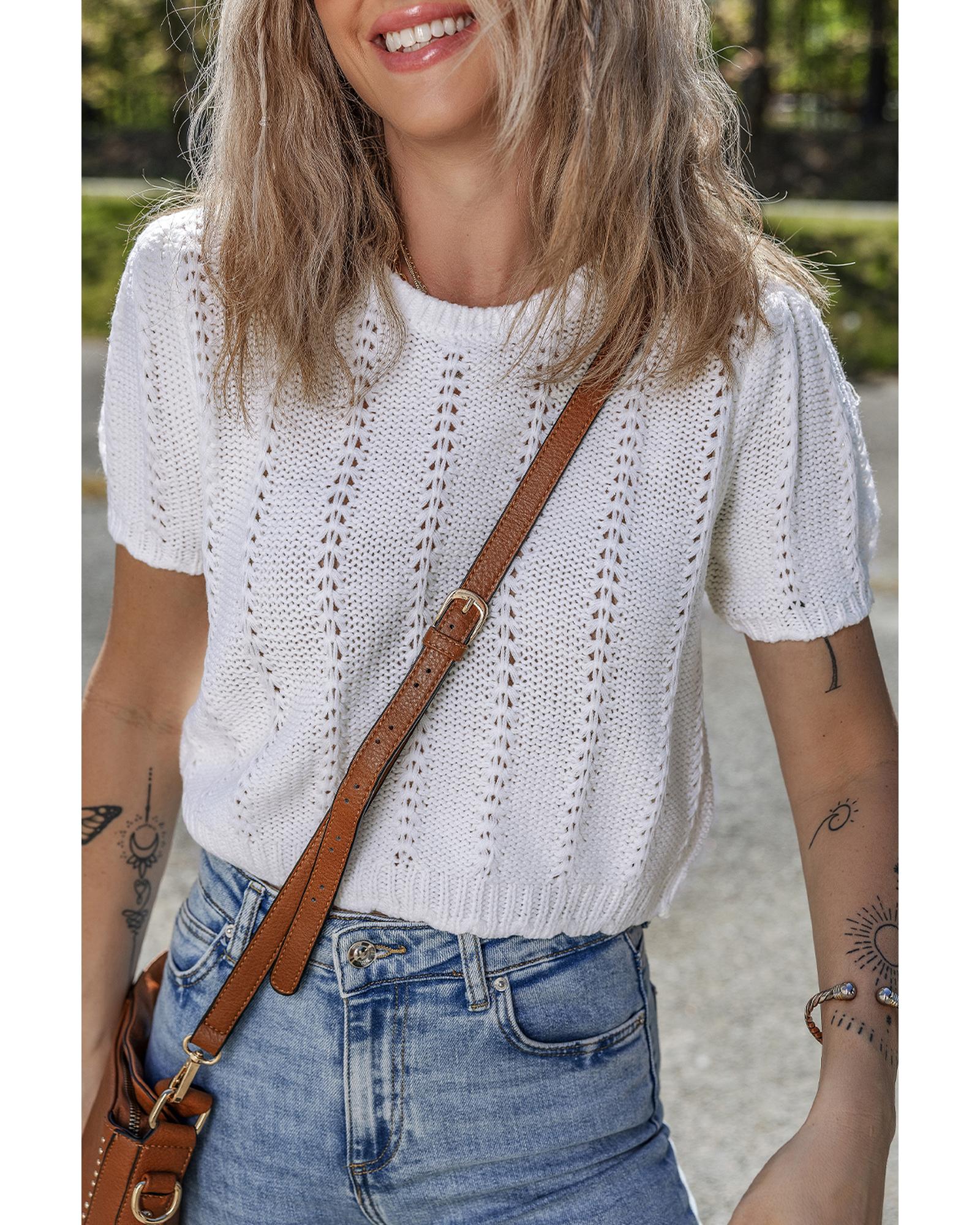 White Pointelle Knit Short Puff Sleeve Crewneck Sweater - M 4
