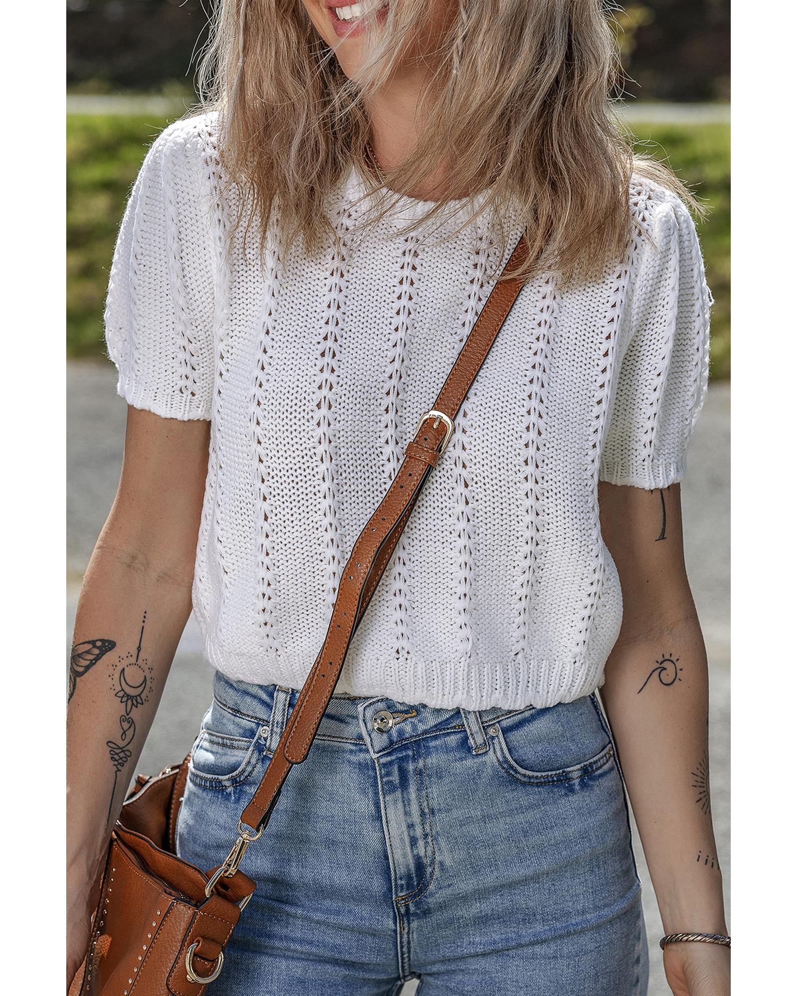 White Pointelle Knit Short Puff Sleeve Crewneck Sweater - M 6