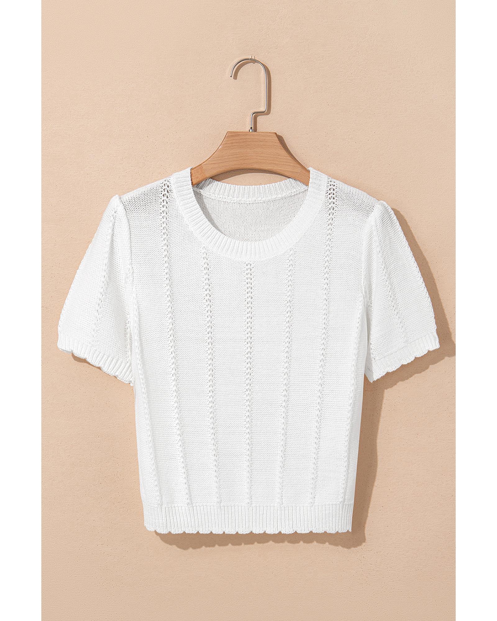 White Pointelle Knit Short Puff Sleeve Crewneck Sweater - M 8