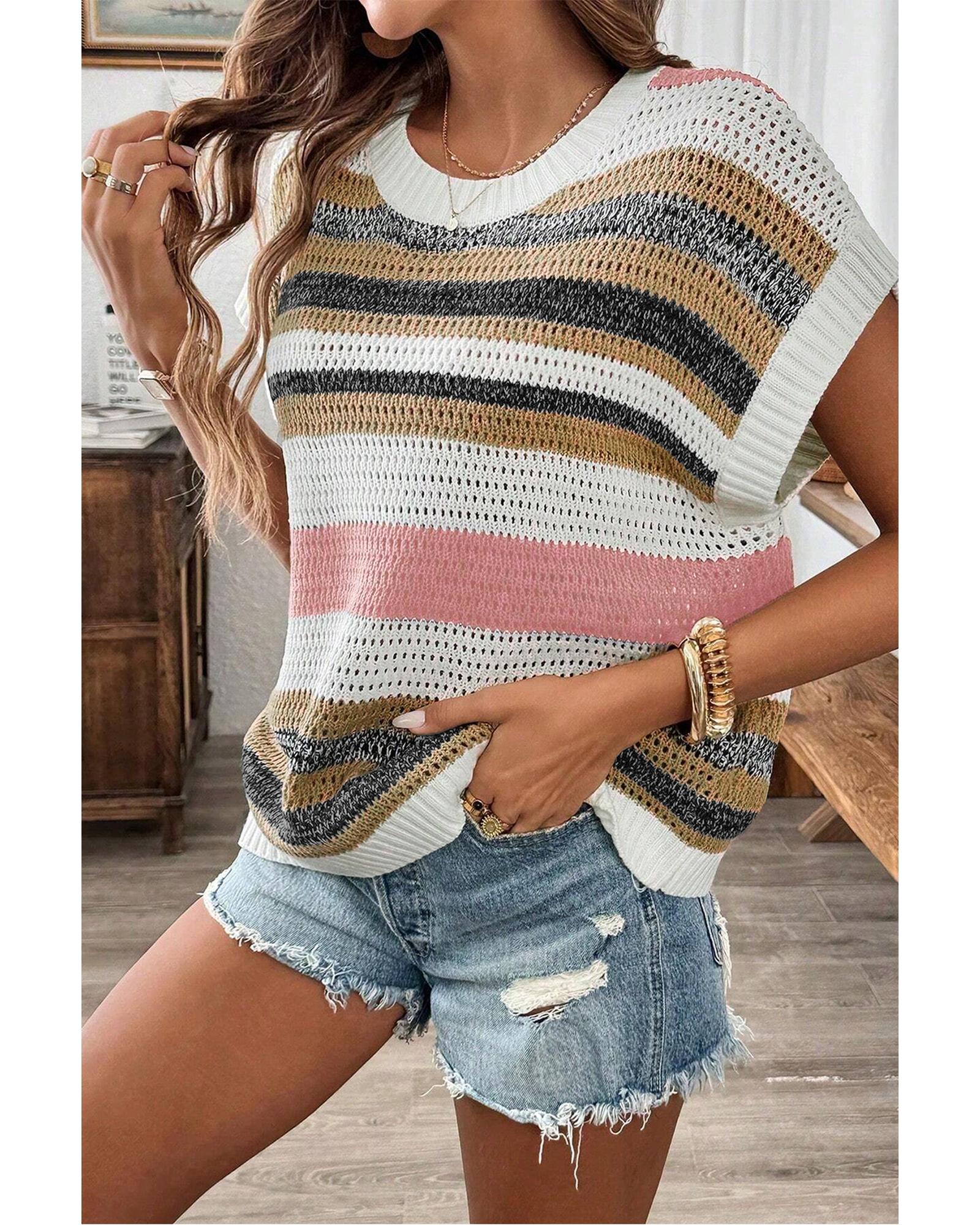 Pink Stripe Color Block Eyelet Knit Short Sleeve Sweater Tee - L 5