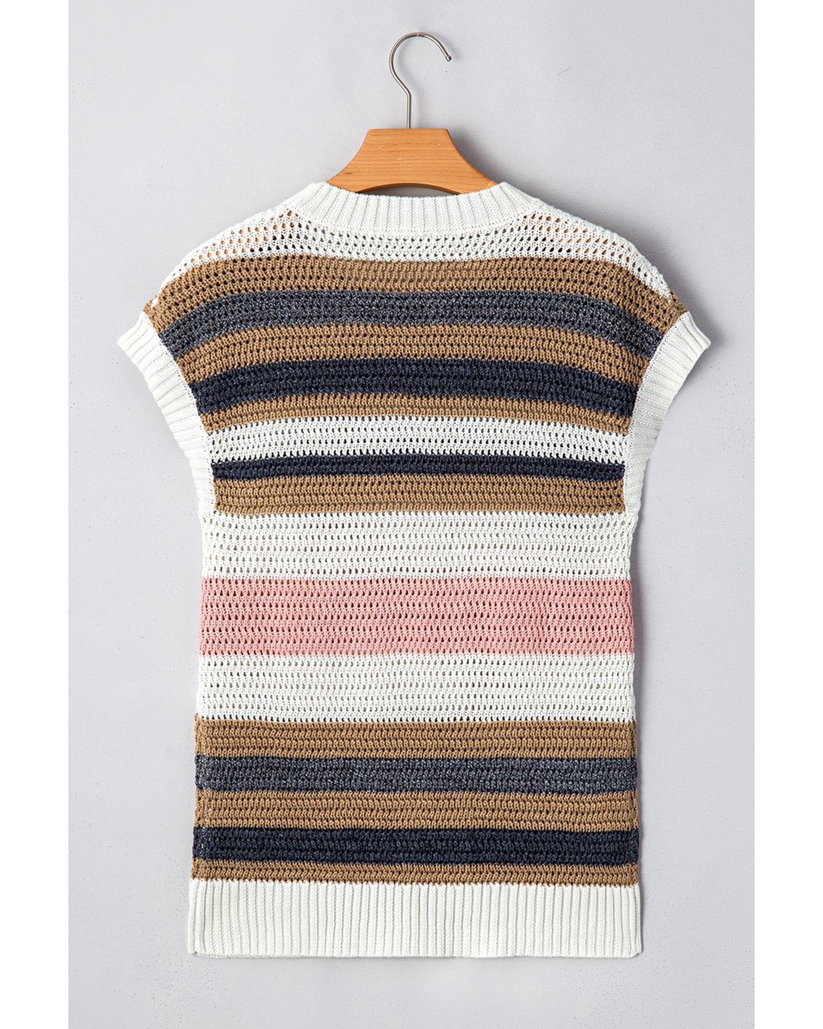 Pink Stripe Color Block Eyelet Knit Short Sleeve Sweater Tee - S 7