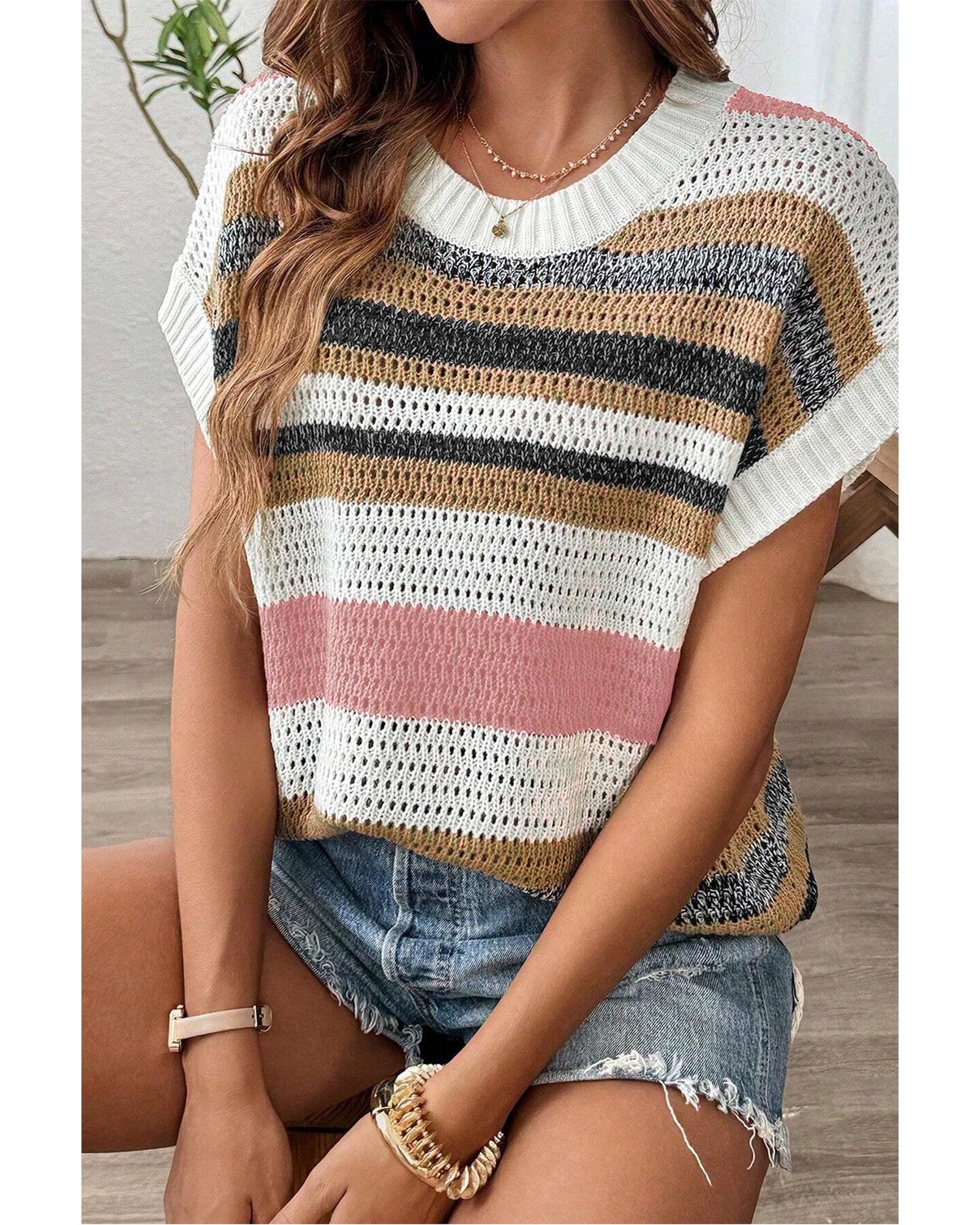 Pink Stripe Color Block Eyelet Knit Short Sleeve Sweater Tee - XL 4