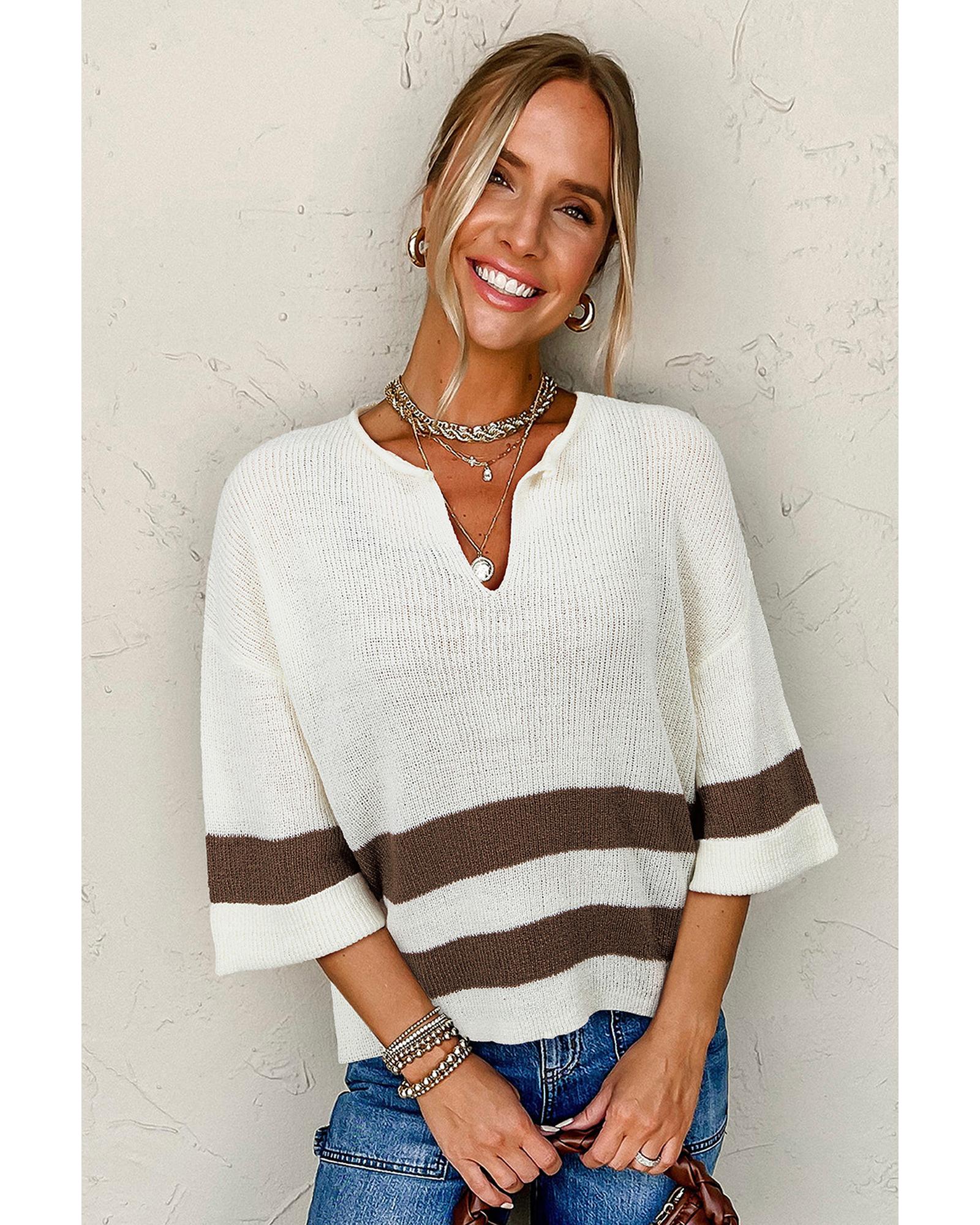 Brown Striped Accent Notched V Neck Cropped Sweater T Shirt - M 4