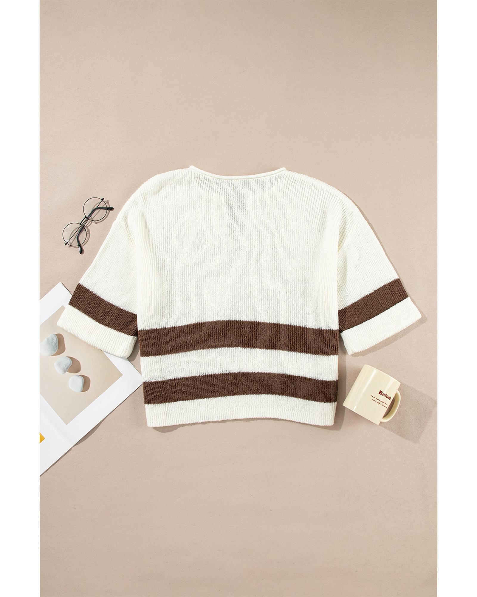 Brown Striped Accent Notched V Neck Cropped Sweater T Shirt - M 5
