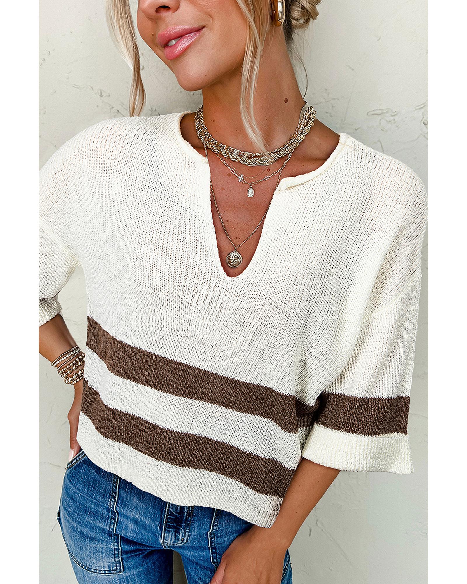 Brown Striped Accent Notched V Neck Cropped Sweater T Shirt - M 7