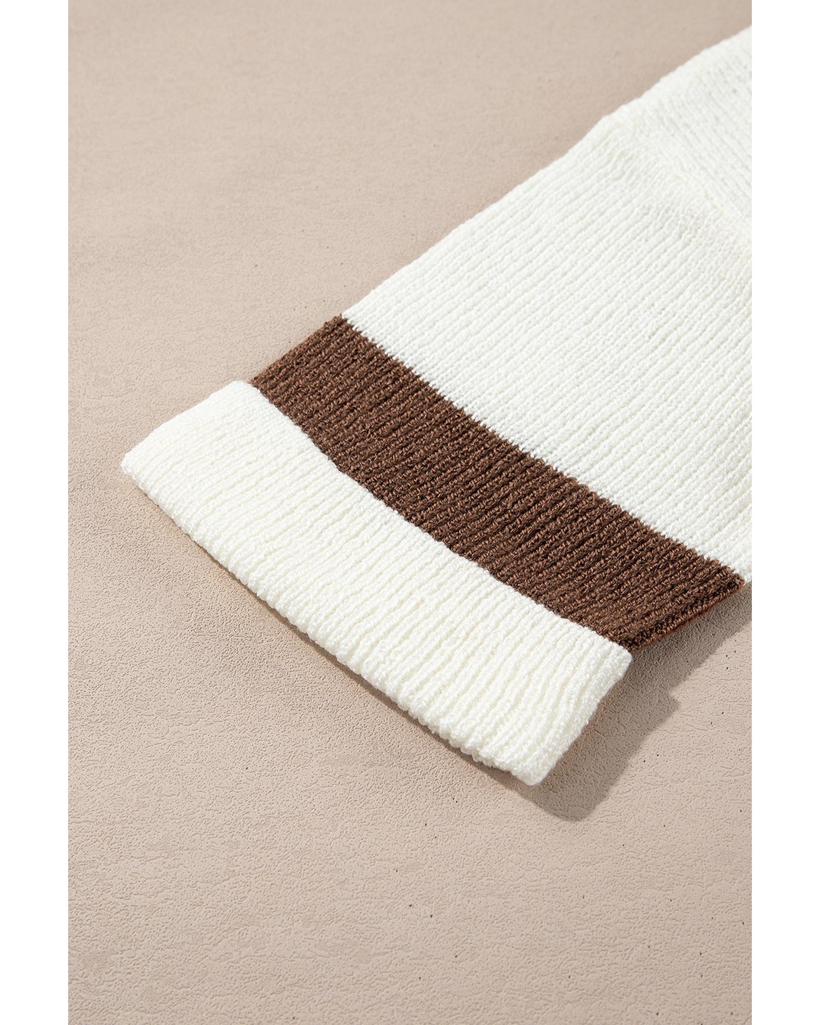 Brown Striped Accent Notched V Neck Cropped Sweater T Shirt - S 3