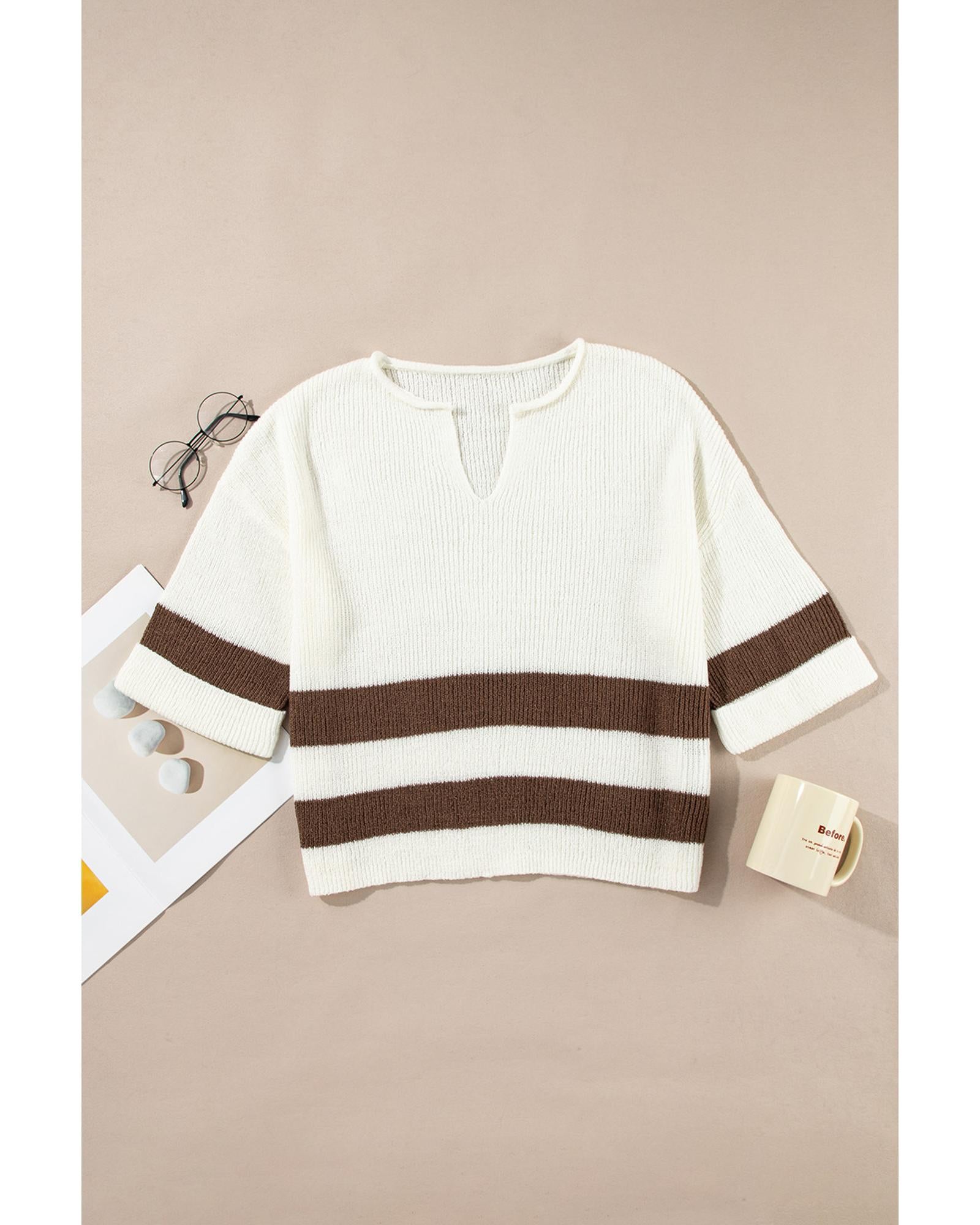 Brown Striped Accent Notched V Neck Cropped Sweater T Shirt - S 6