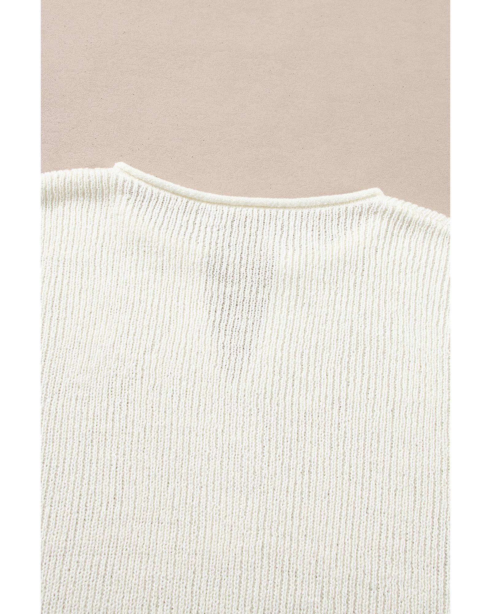 Brown Striped Accent Notched V Neck Cropped Sweater T Shirt - S 8